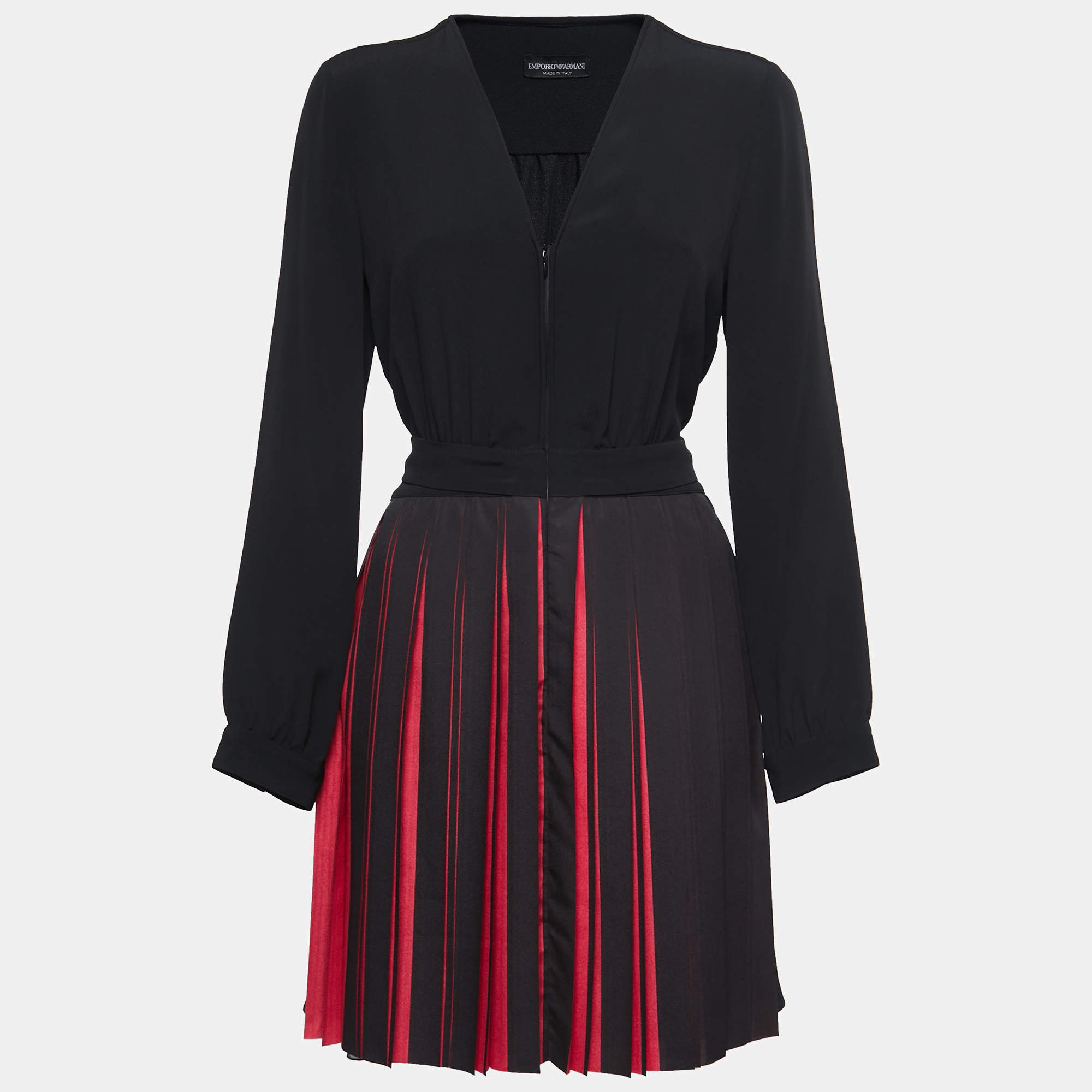 Pre Owned Emporio Armani Black/Red Crepe Pleated A Line Dress M