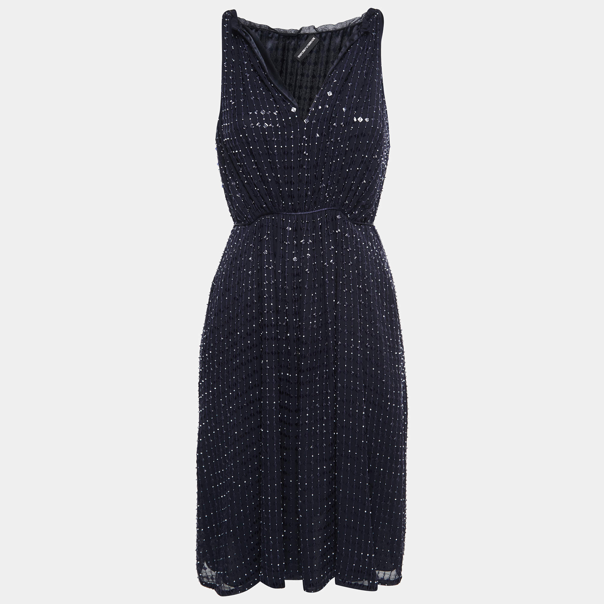 Pre Owned Emporio Armani Dark Blue Silk Embellished Sleeveless Dress S