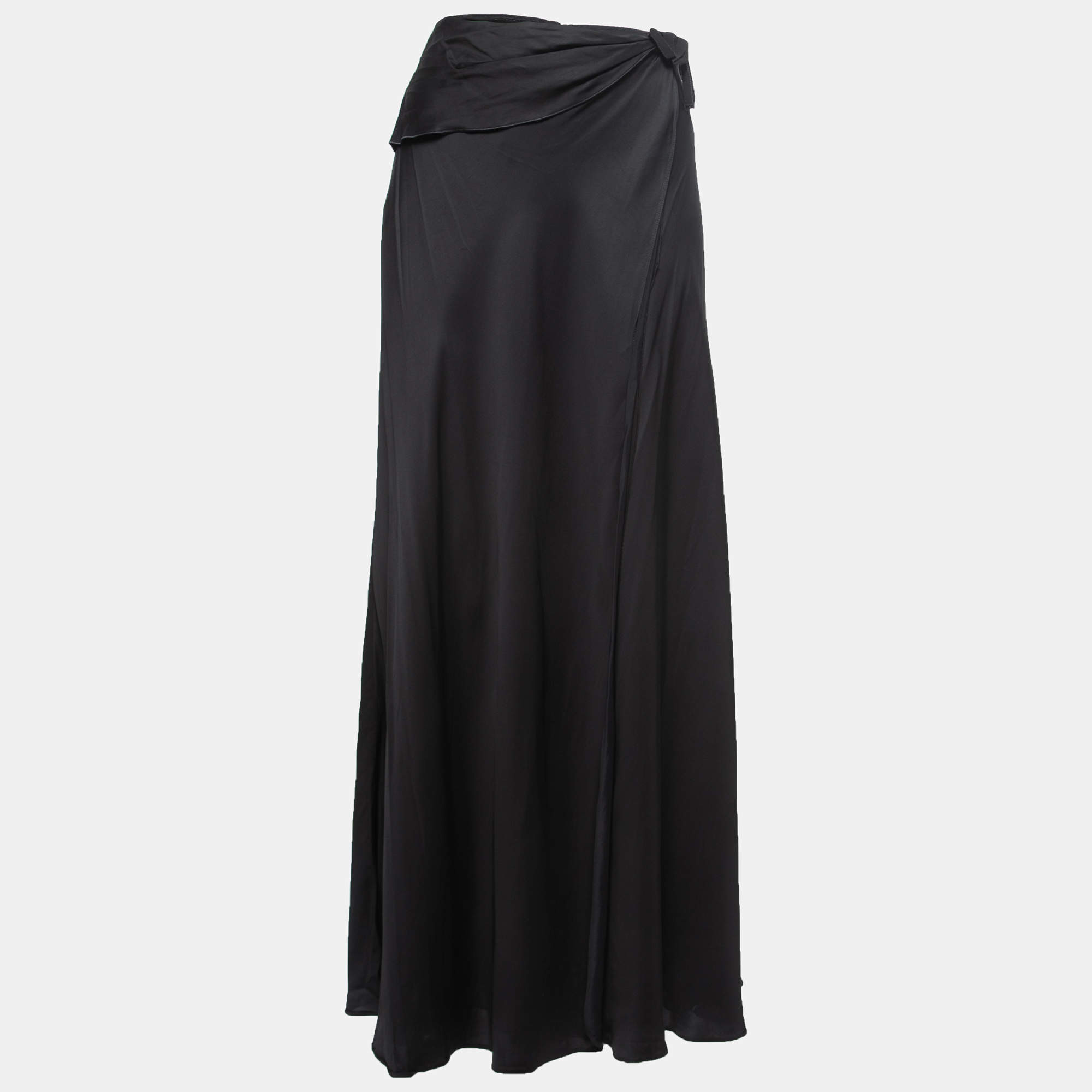 Pre Owned Emporio Armani Black Satin Wrap Maxi Skirt M