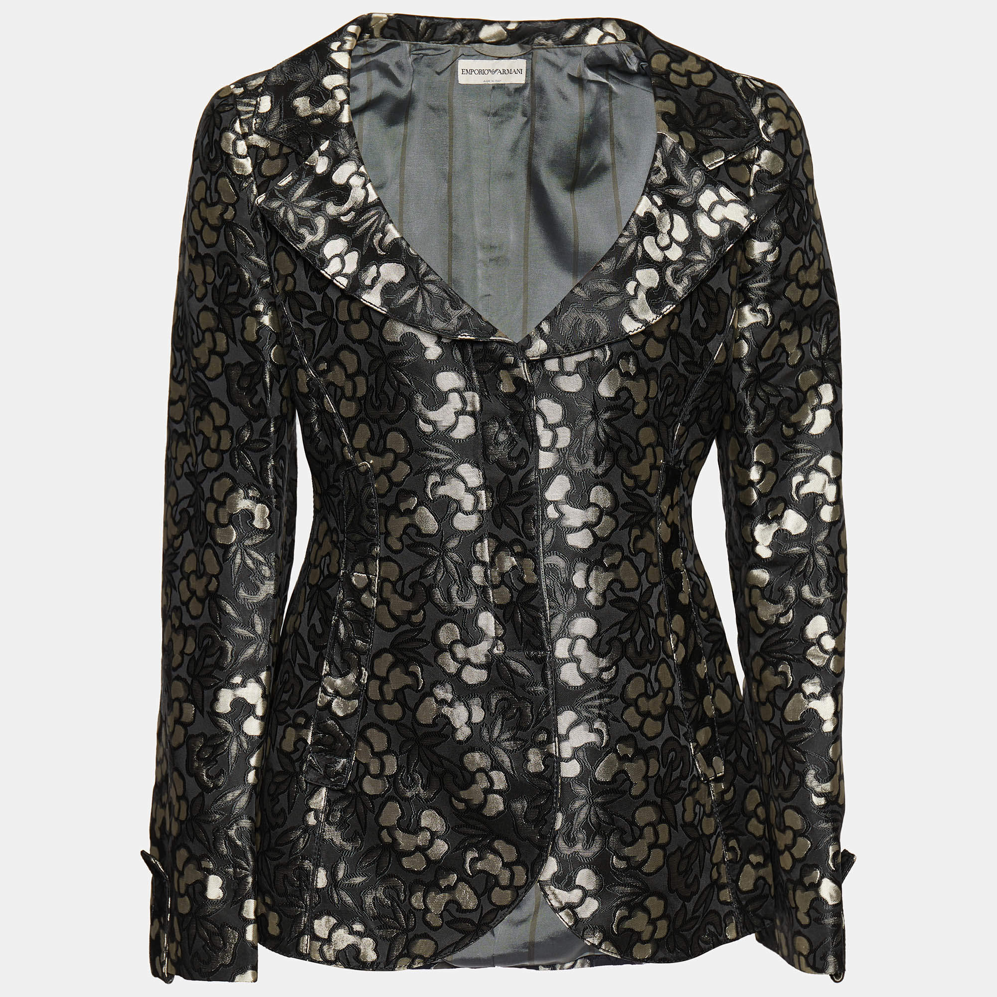 Pre Owned Emporio Armani Black Floral Jacquard Button Front Blazer L
