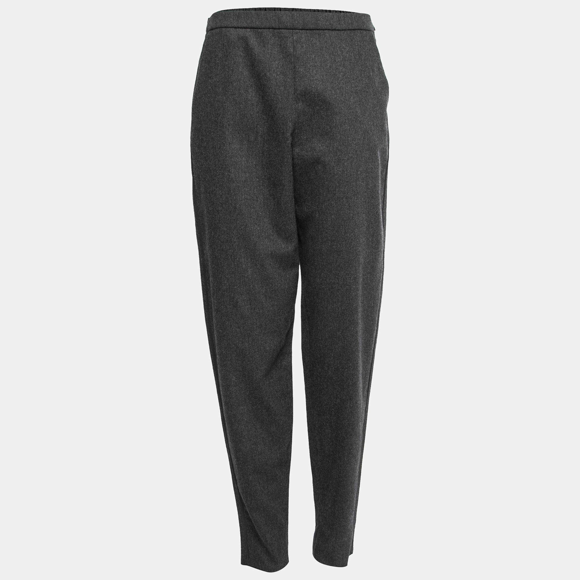 Pre Owned Emporio Armani Charcoal Grey Wool Elastic Waist Trousers M