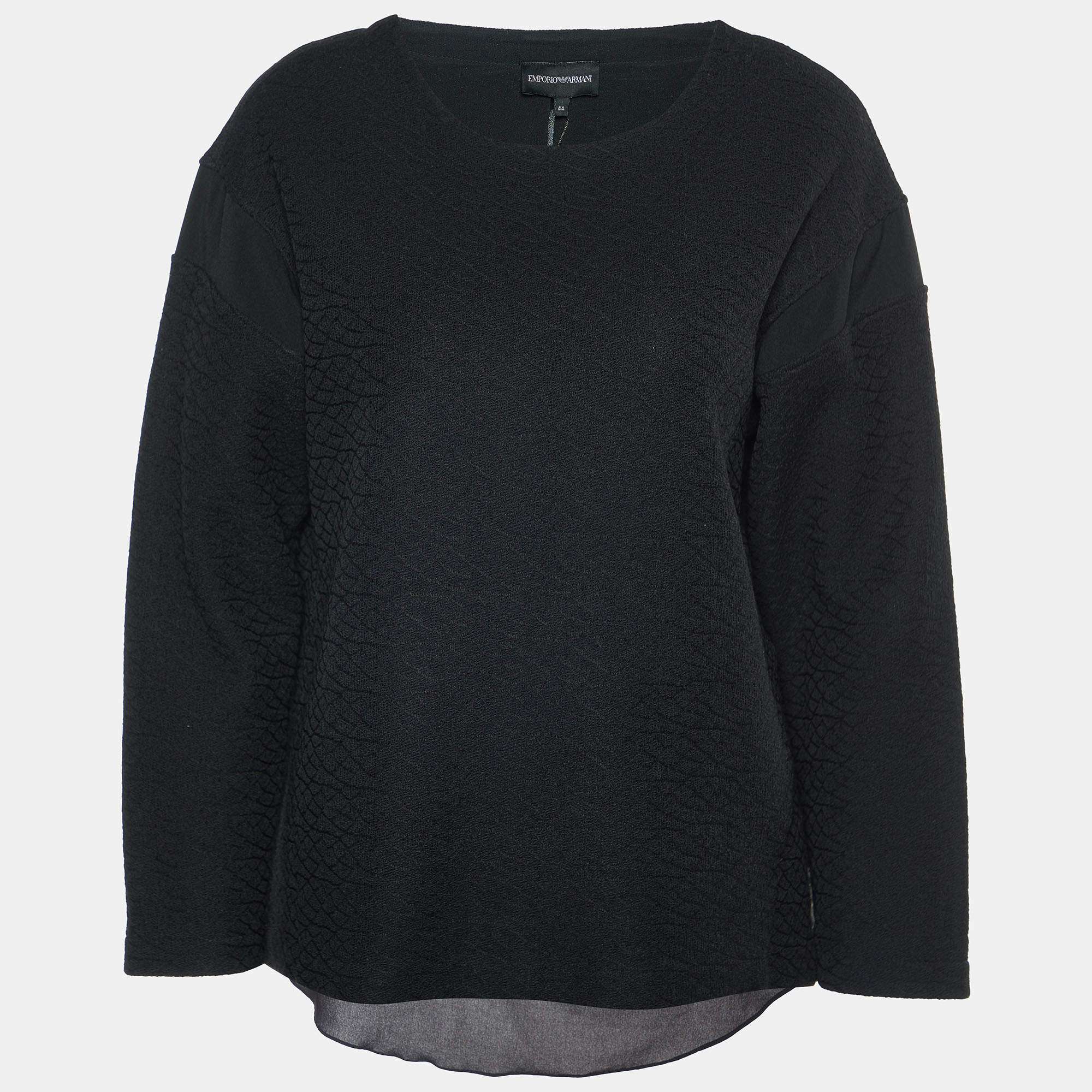 Emporio Armani Black Textured Cotton Blend Split  Back Detail Top M