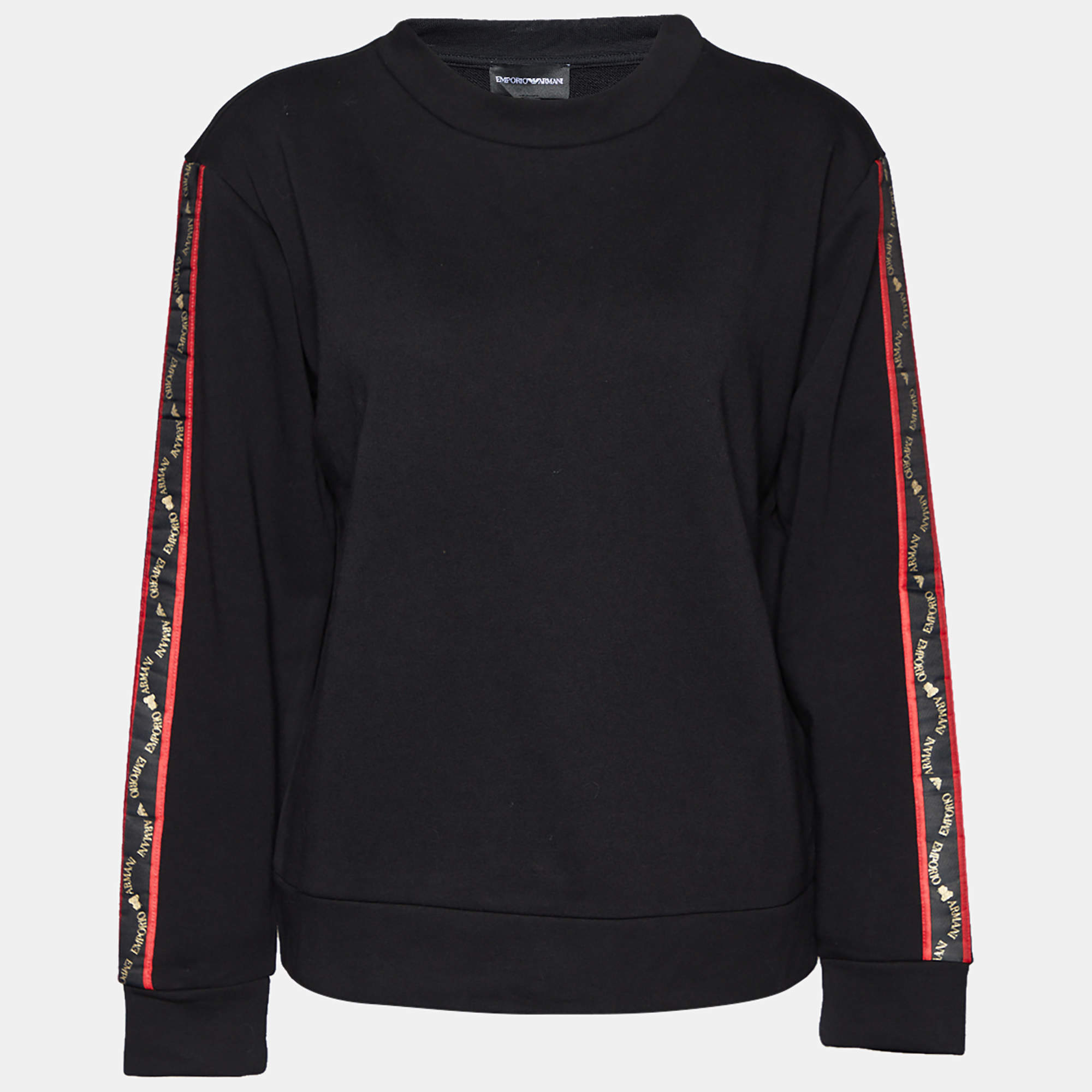 Emporio Armani Black Cotton Knit LogoTrim Detail Round Neck