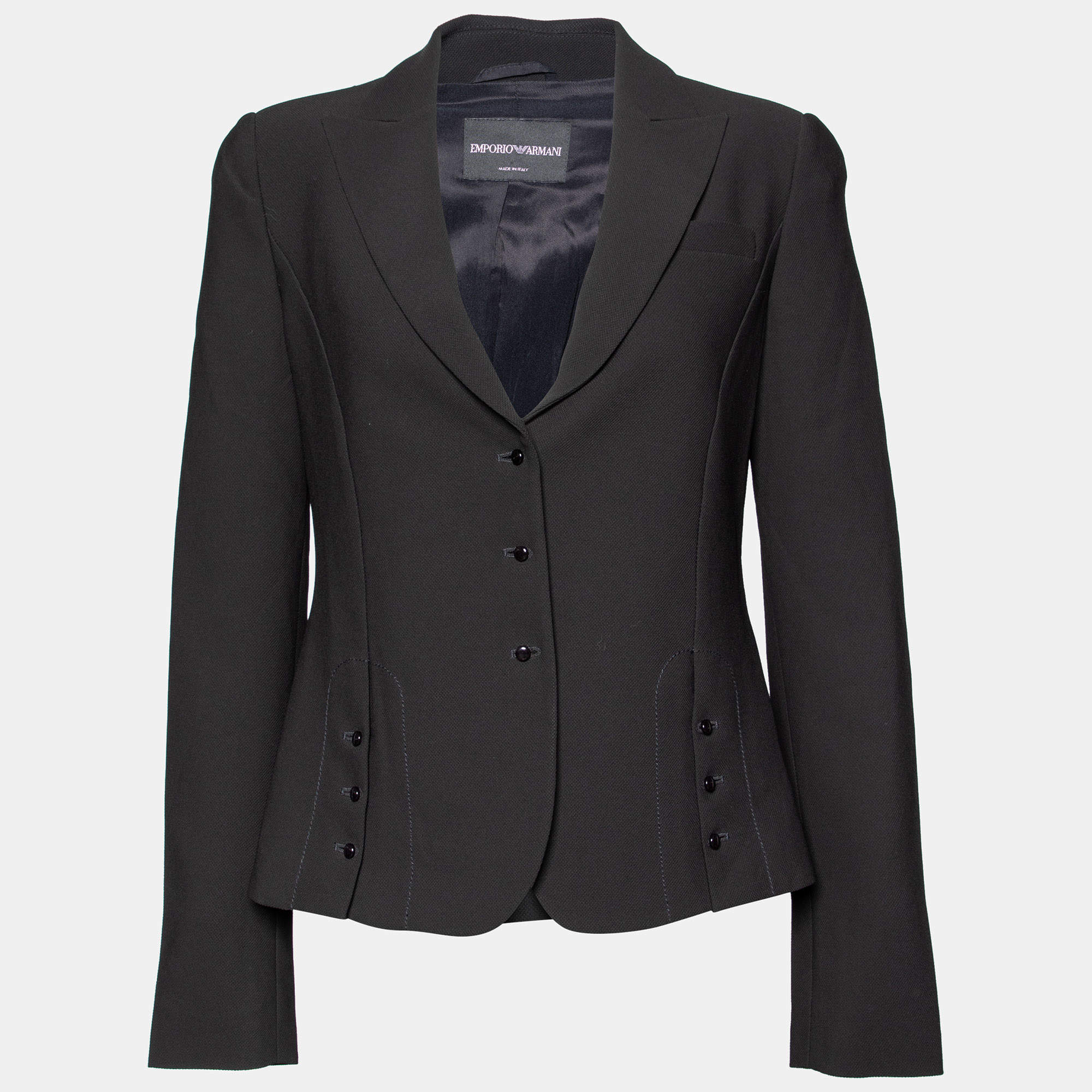Pre Owned Emporio Armani Black Textured Crepe Button Front Blazer S