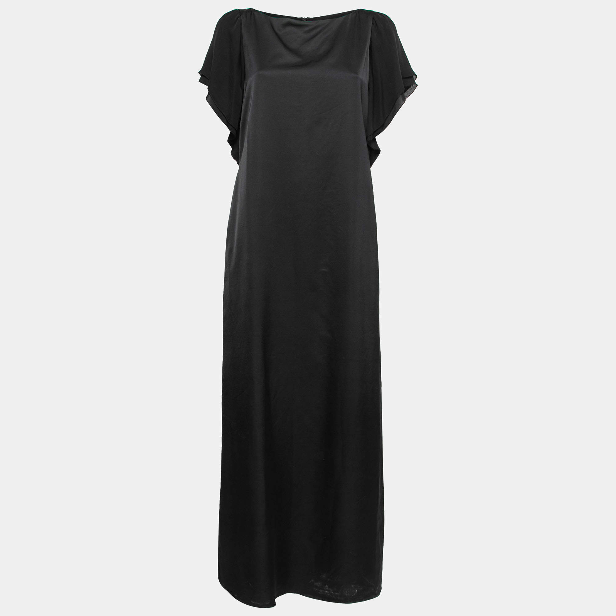 Pre Owned Emporio Armani Black Sateen Flutter Sleeve Maxi Dress M
