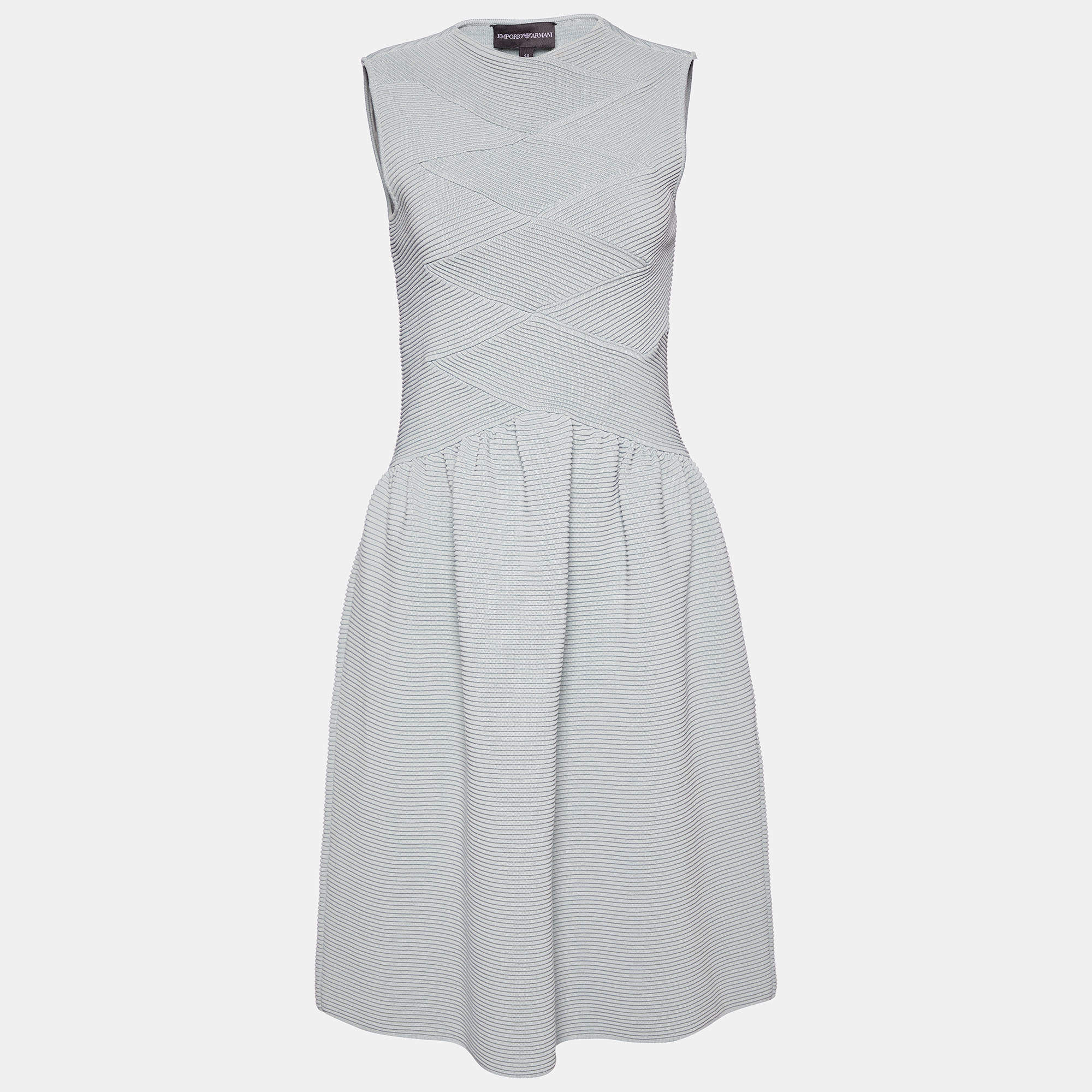 Pre Owned Emporio Armani Light Green Rib Knit Paneled Midi Dress M