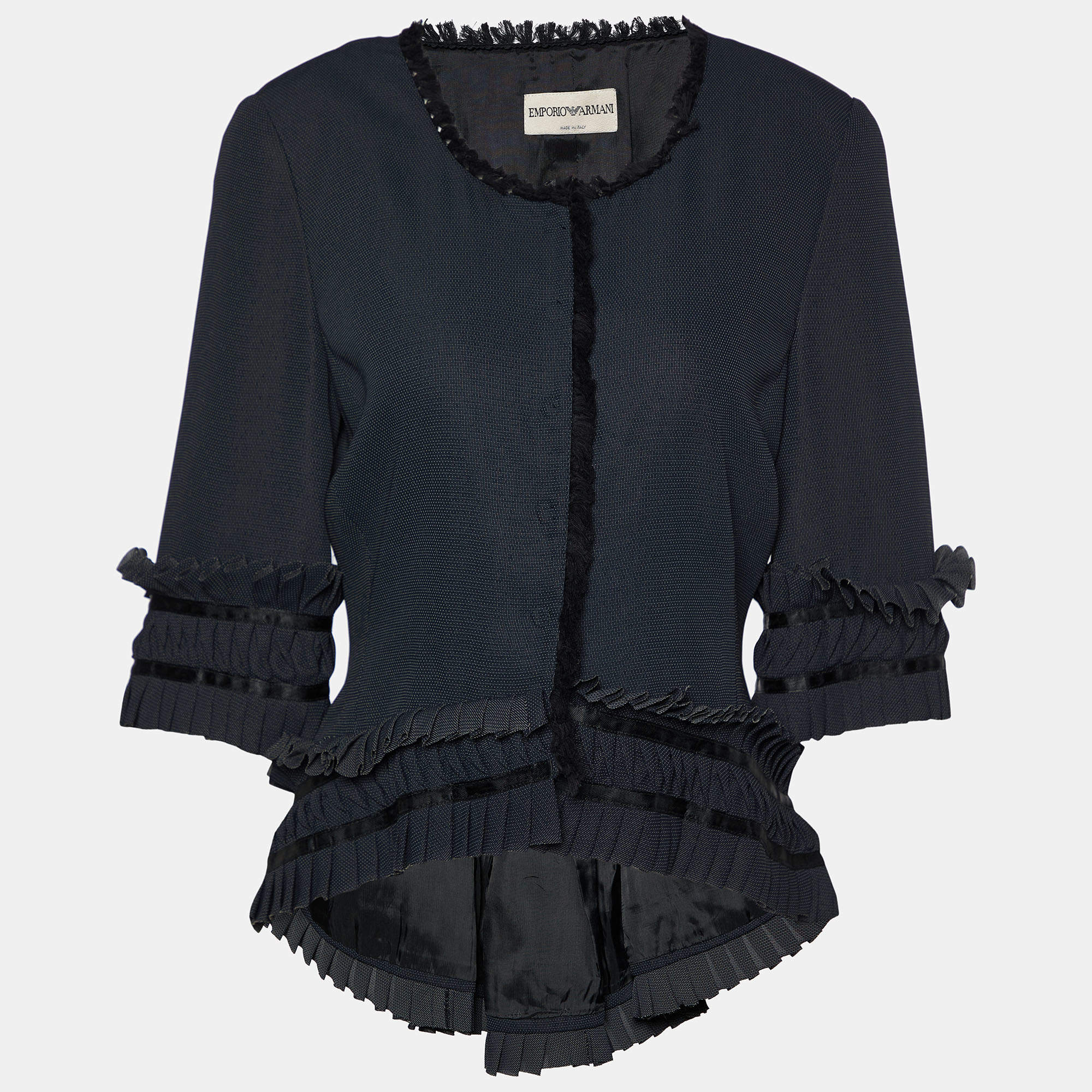 Pre Owned Emporio Armani Black Georgette Ruffle Detail Button Front Jacket M