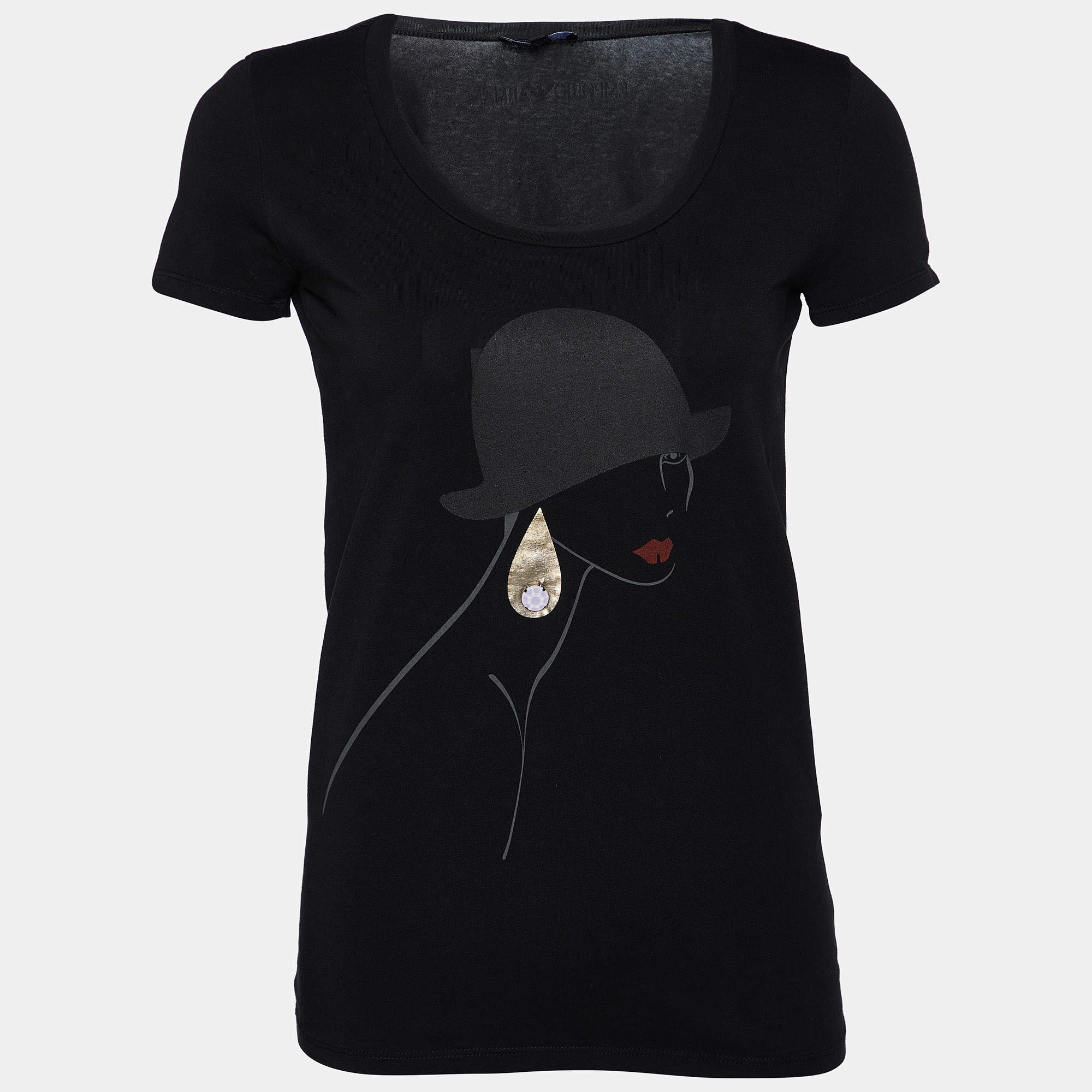 Pre Owned Emporio Armani Black Printed Cotton Knit T-Shirt S