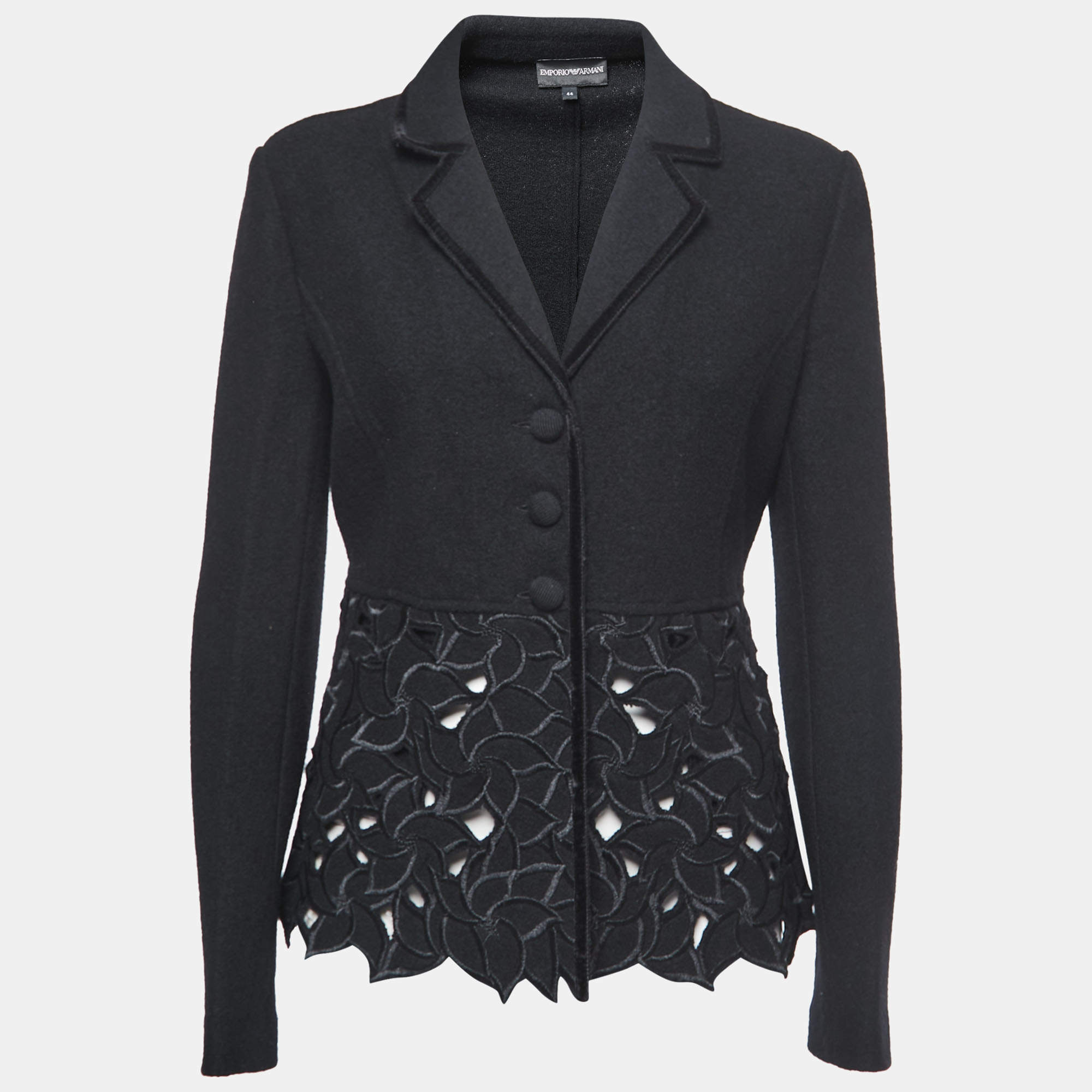 Emporio Armani Black Wool Laser Cut Floral Detail Blazer M