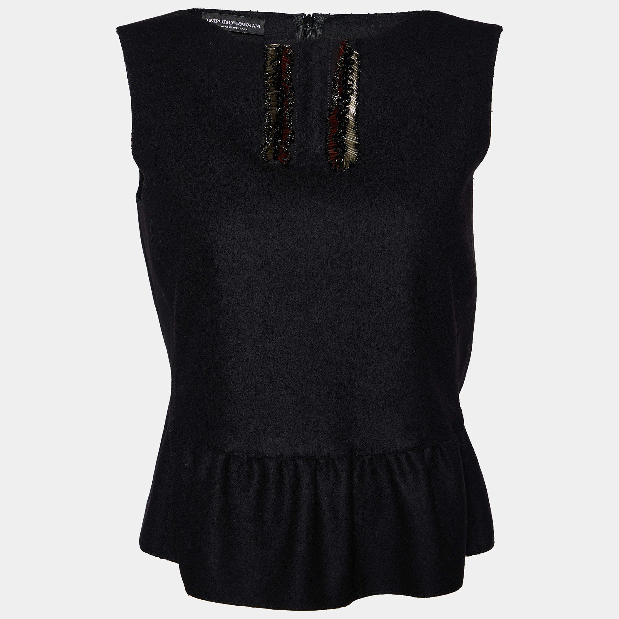 Pre Owned Emporio Armani Black Wool Embellished Neck Detail Sleeveless Peplum Top S