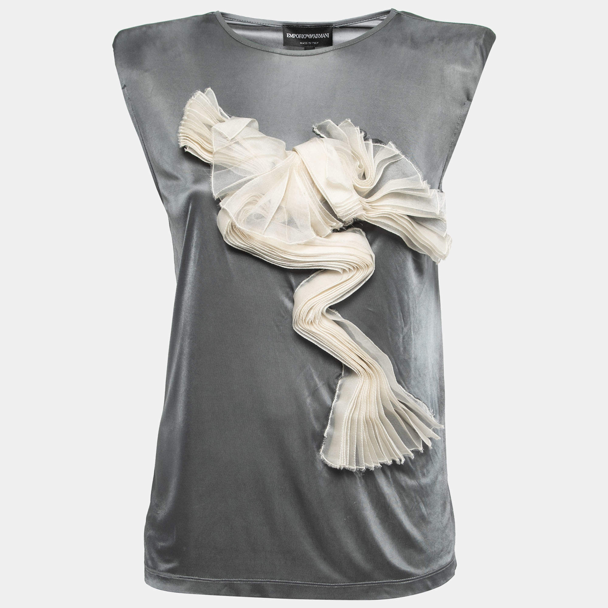 Pre Owned Emporio Armani Grey Jersey Pleat Detail Padded Shoulder Sleeveless Top M