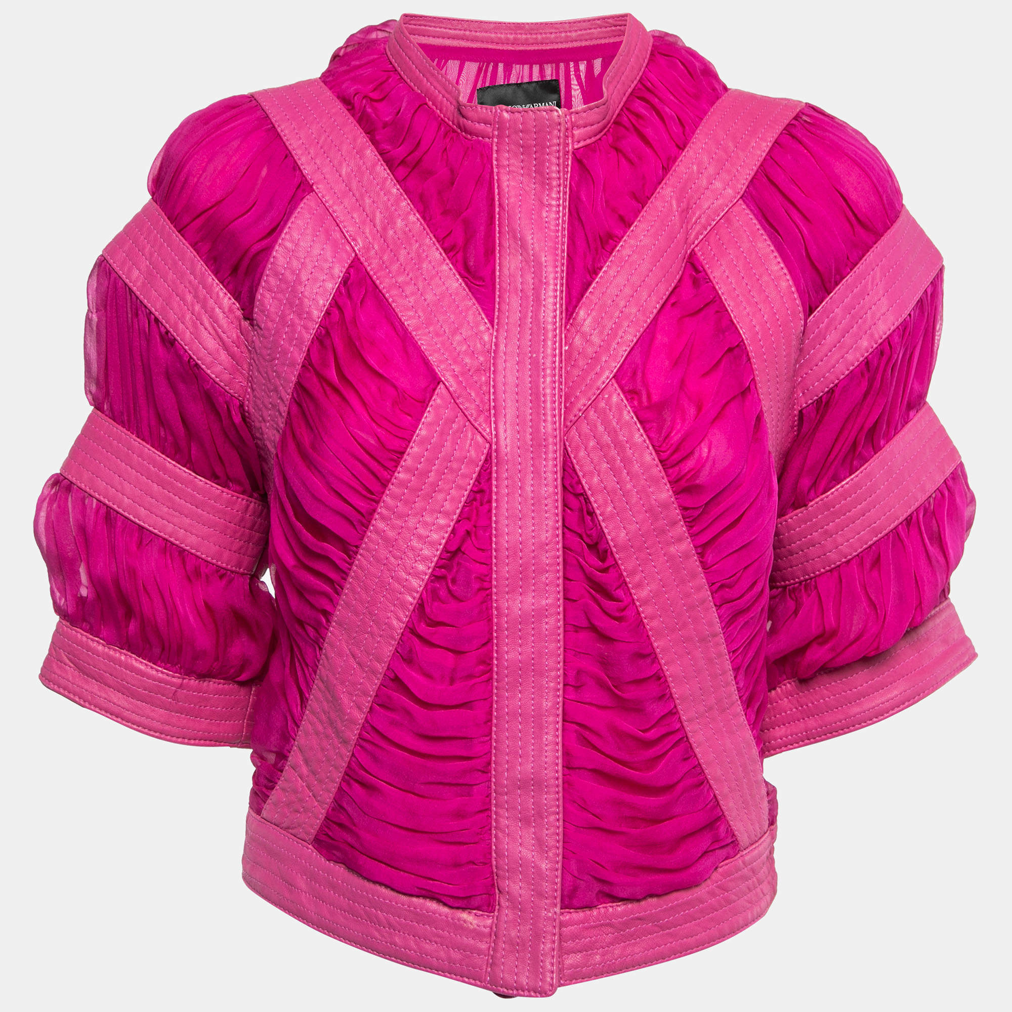 Pre Owned Emporio Armani Pink Silk Chiffon & Leather Ruched Button Front Blouse M