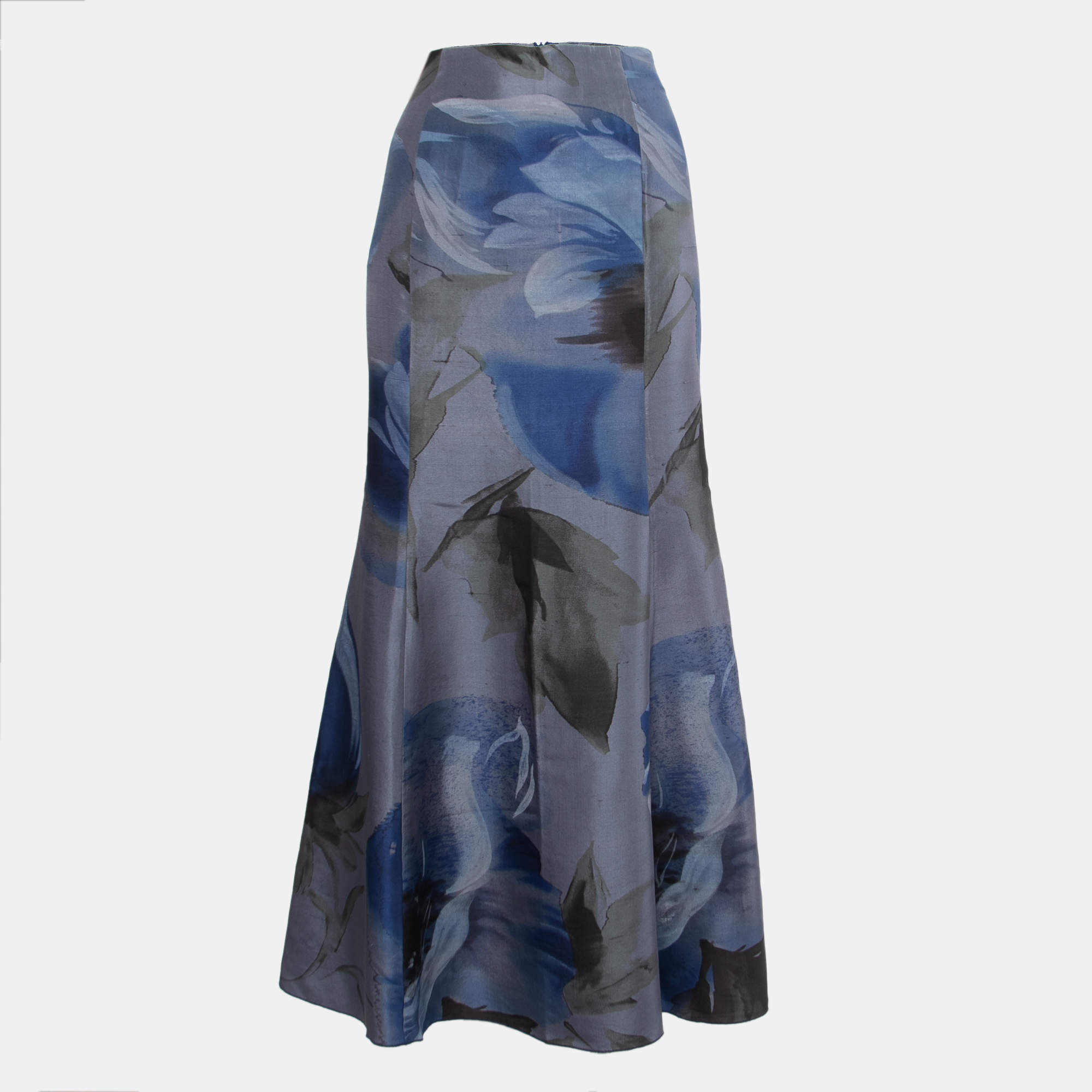 Pre Owned Emporio Armani Blue Printed Silk Mermaid Style Maxi Skirt M