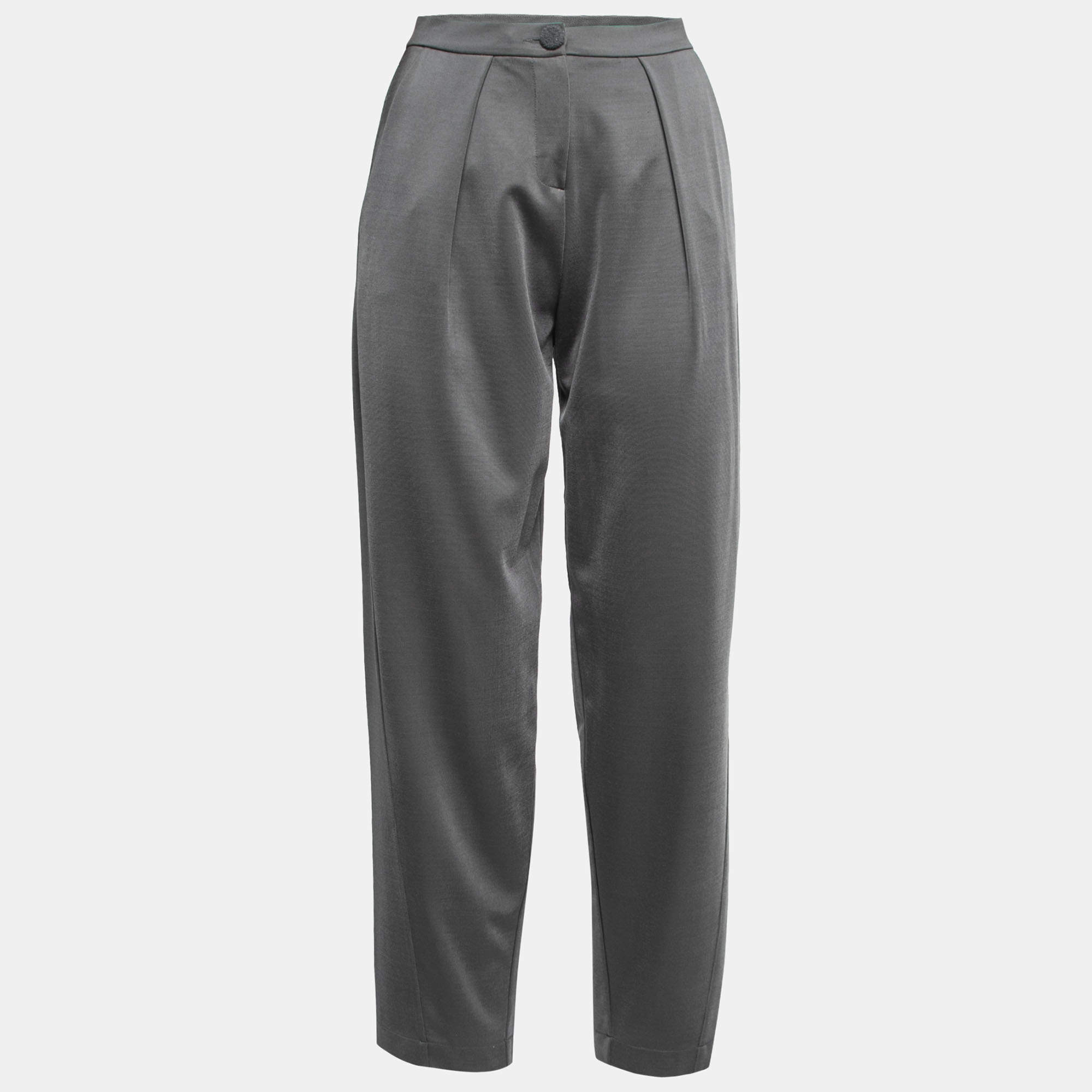 Pre Owned Emporio Armani Grey Knit Front Pleat Wide Leg Trousers S