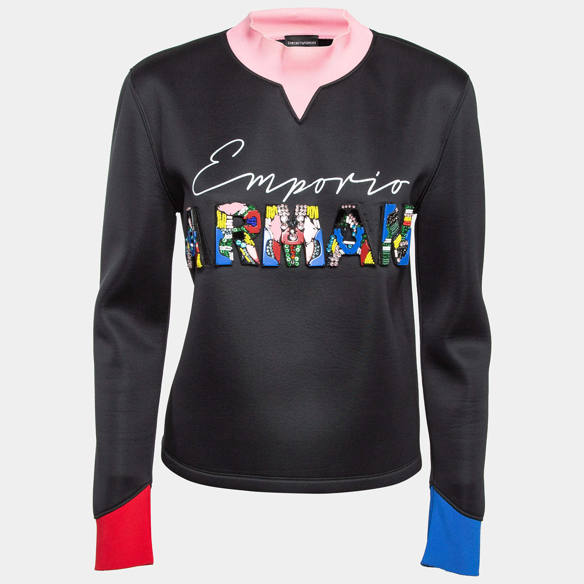 Pre Owned Emporio Armani Black Neoprene Logo Embellished Sweatshirt M