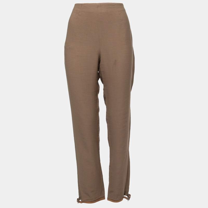 Pre Owned Emporio Armani Brown Linen Blend Buckle Hem Detail High Waist Trousers M