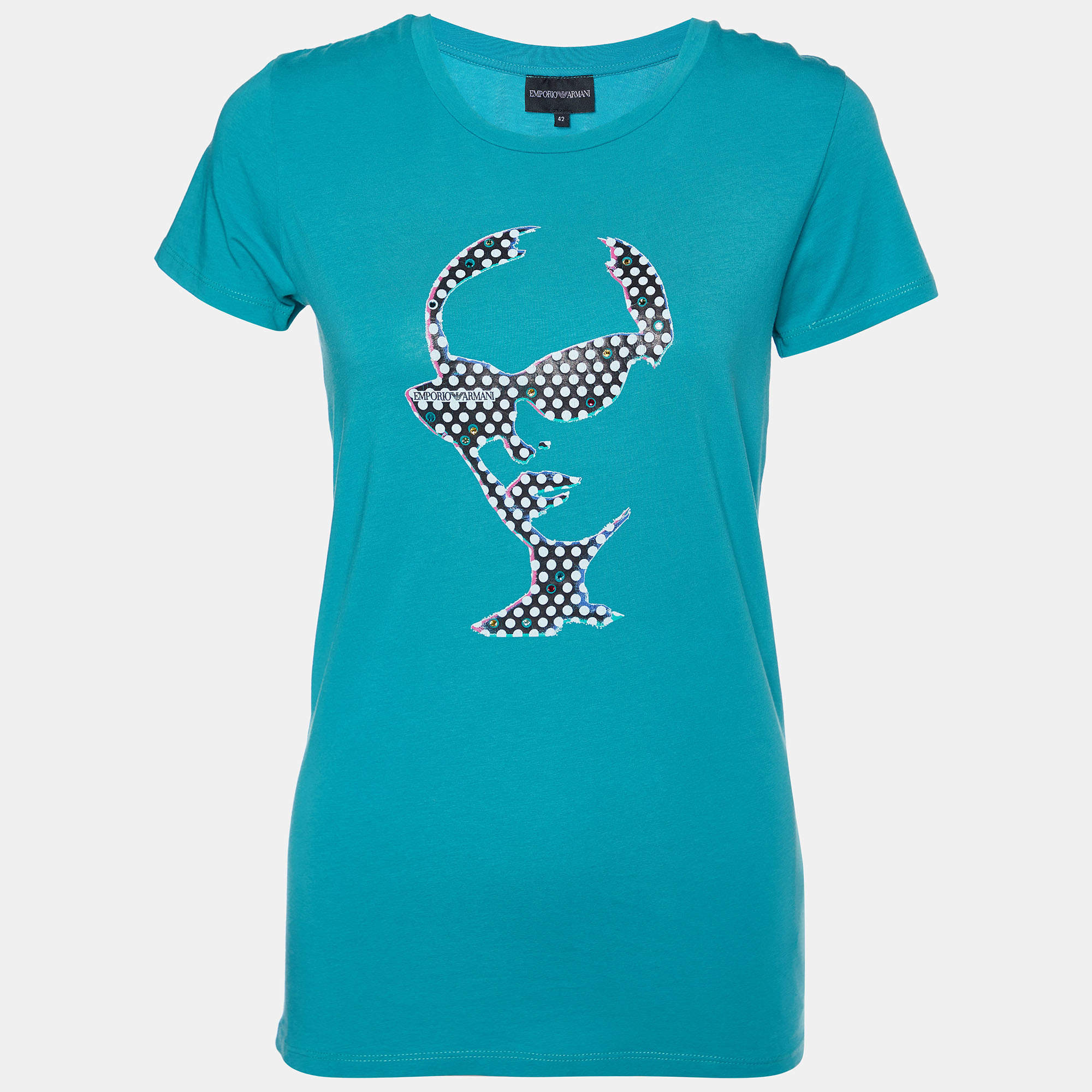 Pre Owned Emporio Armani Green Printed Cotton Knit T-Shirt M