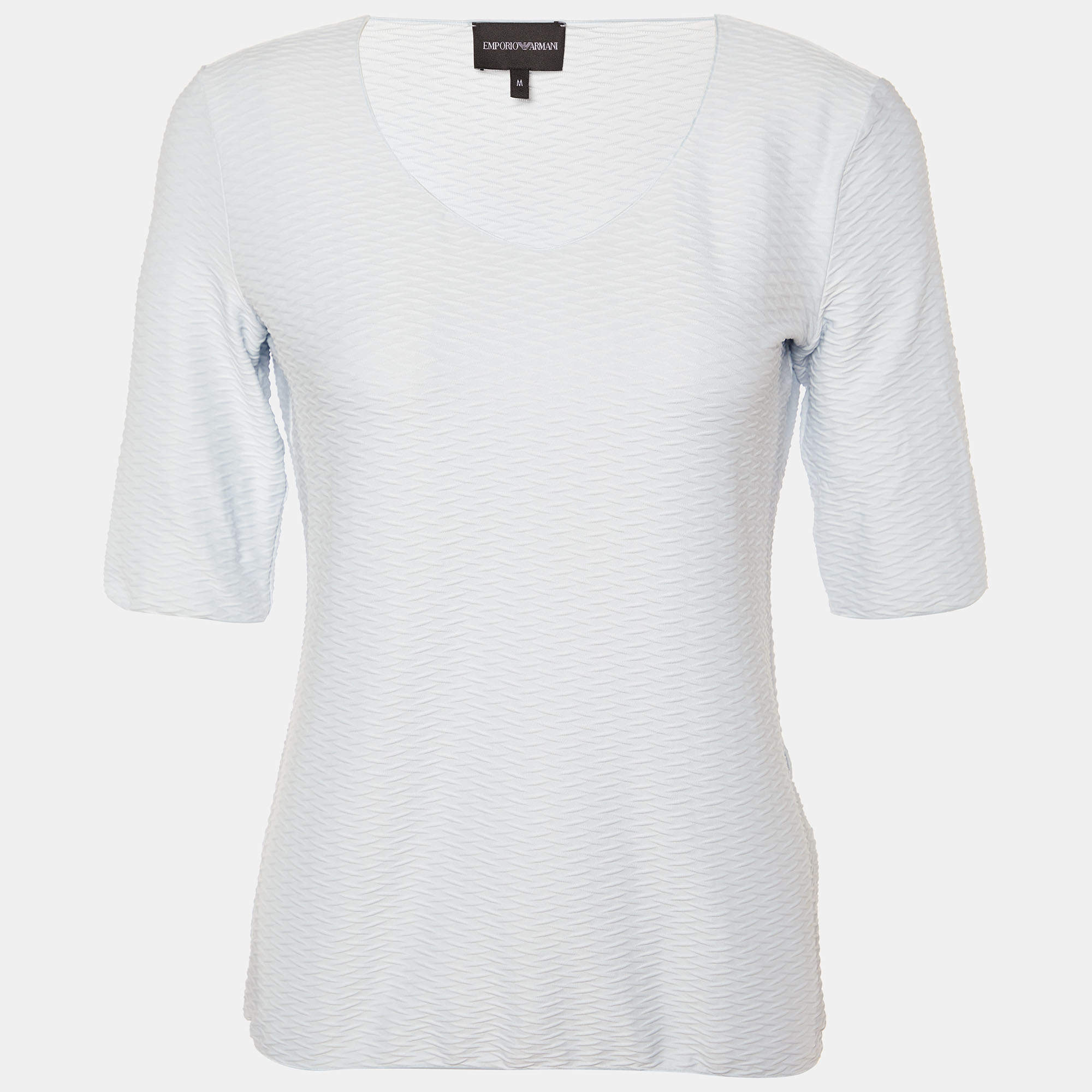 Pre Owned Emporio Armani Light Blue Patterned Jersey Knit Top M