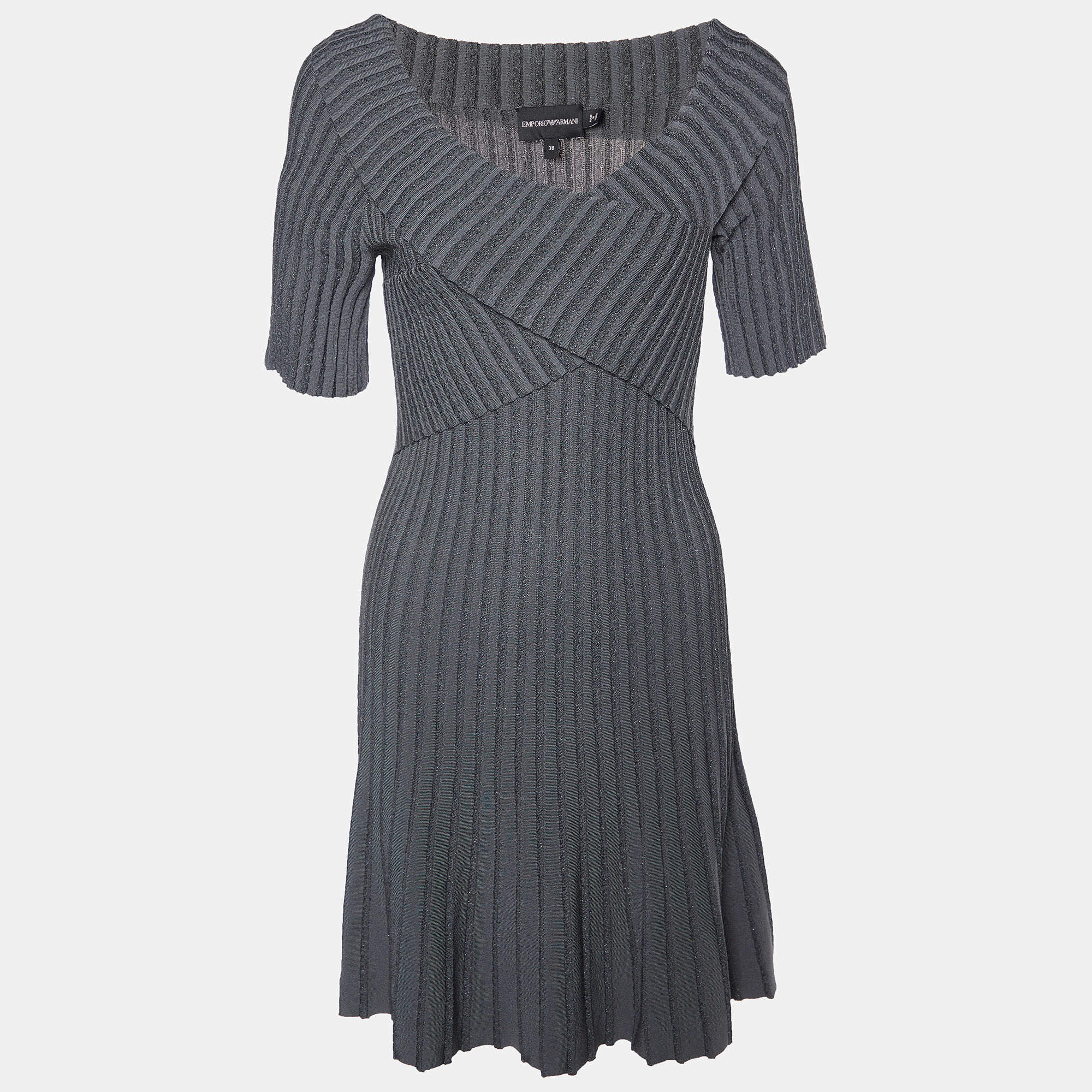 مملوكة مسبقًا Emporio Armani Charcoal Grey Lurex Knit Crossover Detail Midi Dress S