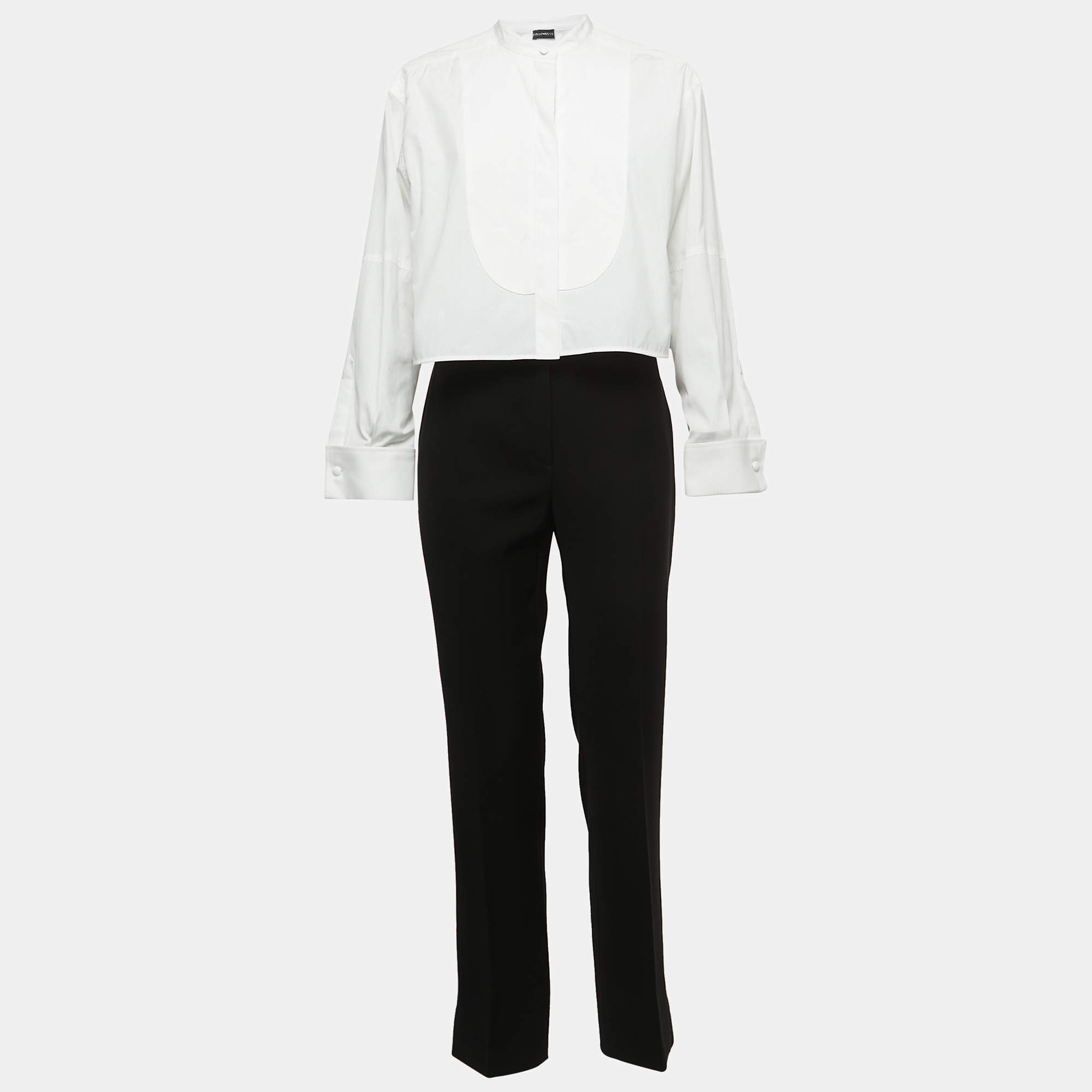 Pre Owned Emporio Armani White/Black Cotton & Crepe Pant Shirt Set M