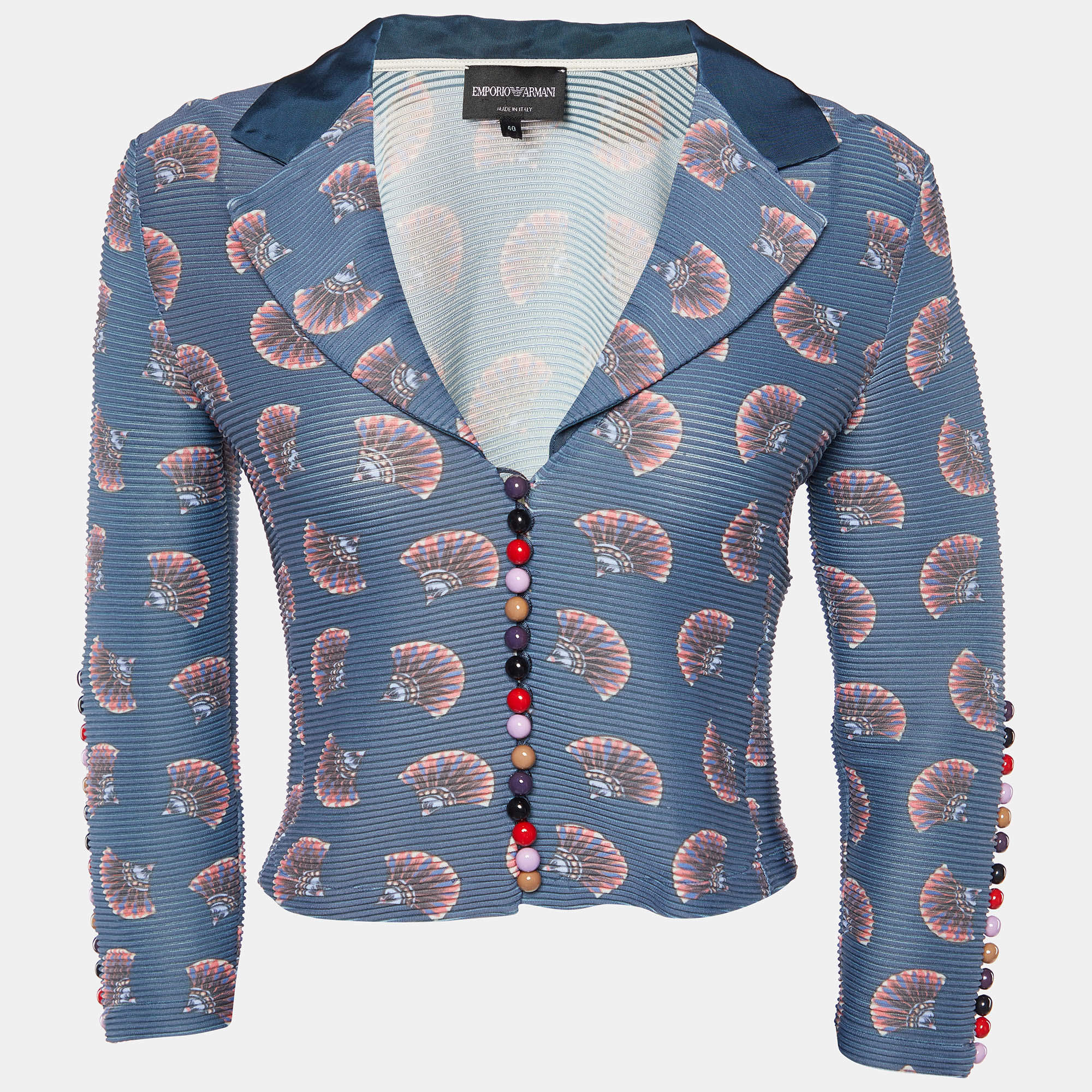 Pre Owned Emporio Armani Slate Blue Printed Rib Jersey Crop Top S