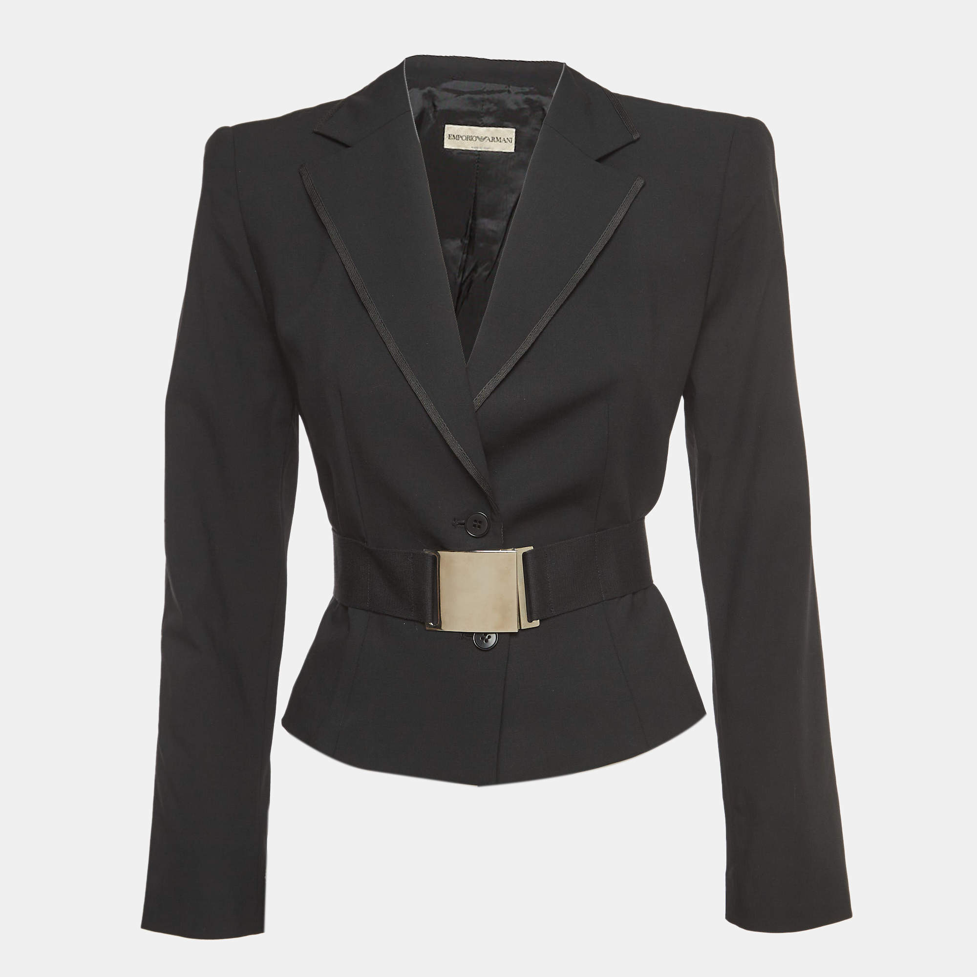 Pre Owned Emporio Armani Black Wool Blend Belted Crop Blazer S