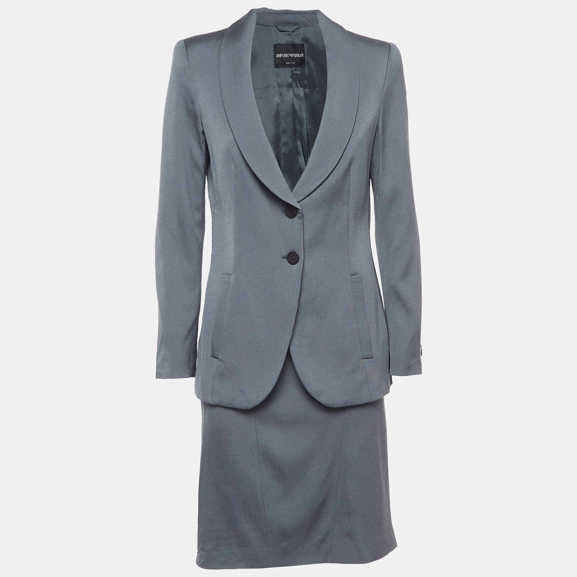 Pre Owned Emporio Armani Grey Crepe Blazer Skirt Suit M/L