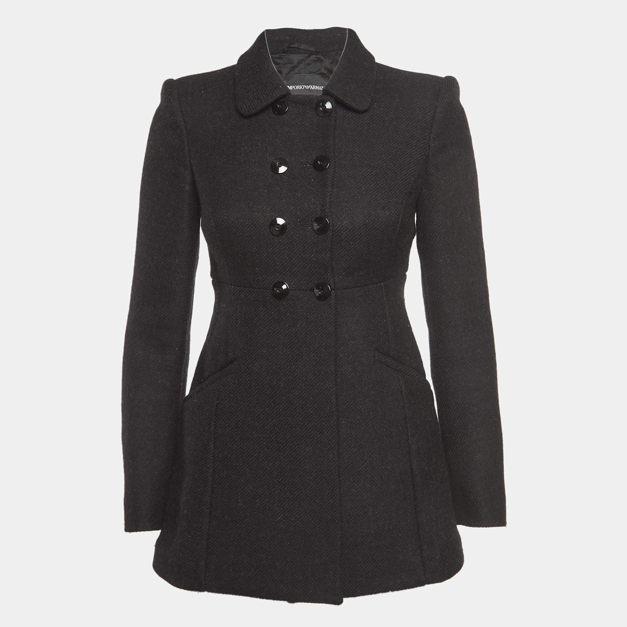 Pre Owned Emporio Armani Black Wool Double Breasted Coat XS