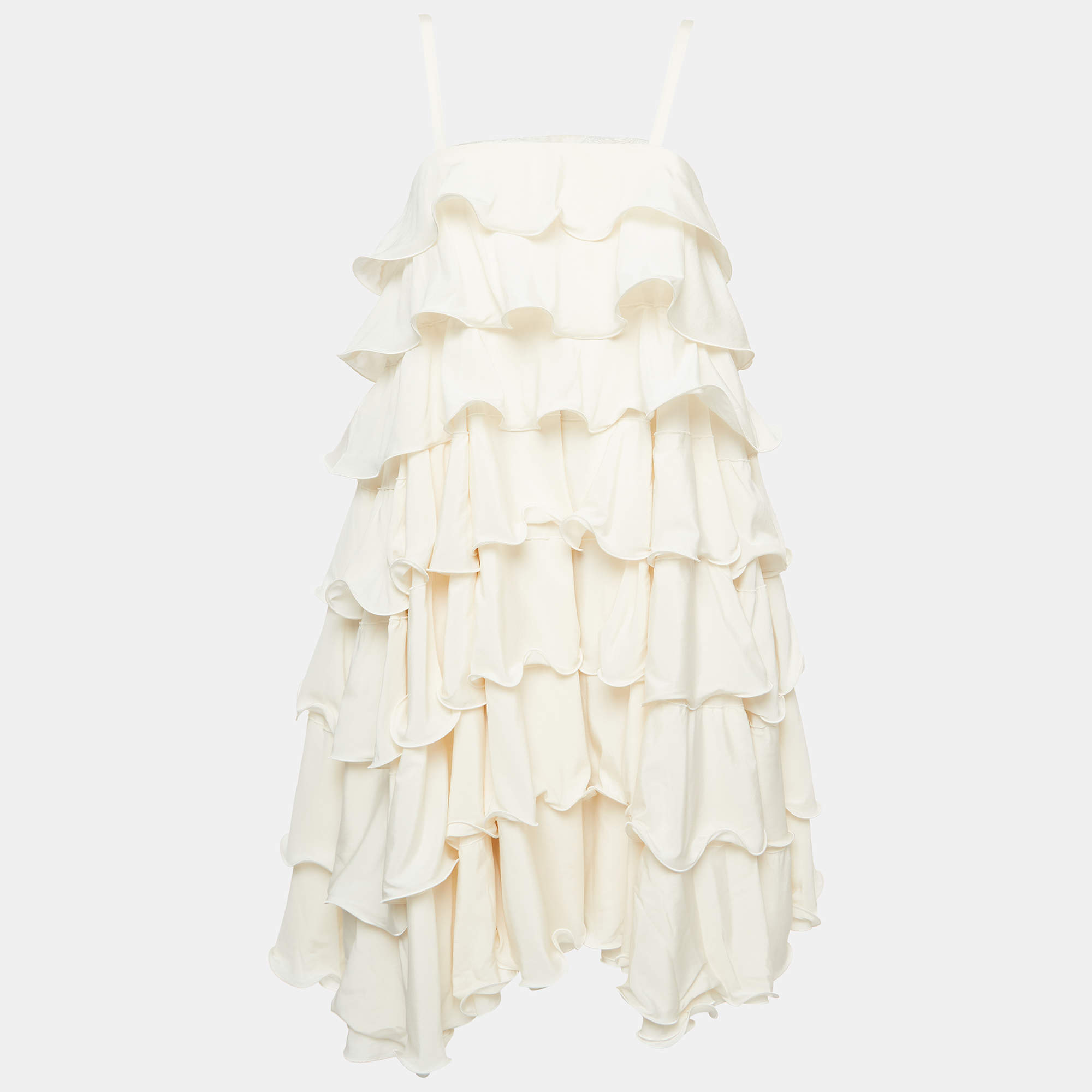 Pre Owned Emporio Armani Cream Silk Ruffled Tiered Sleeveless Mini Dress M