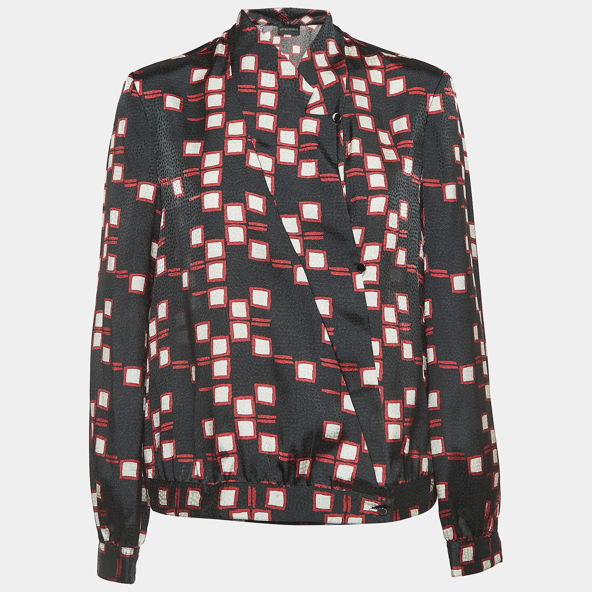 Pre Owned Emporio Armani Black Geometric Print Synthetic Long Sleeve Blouse M