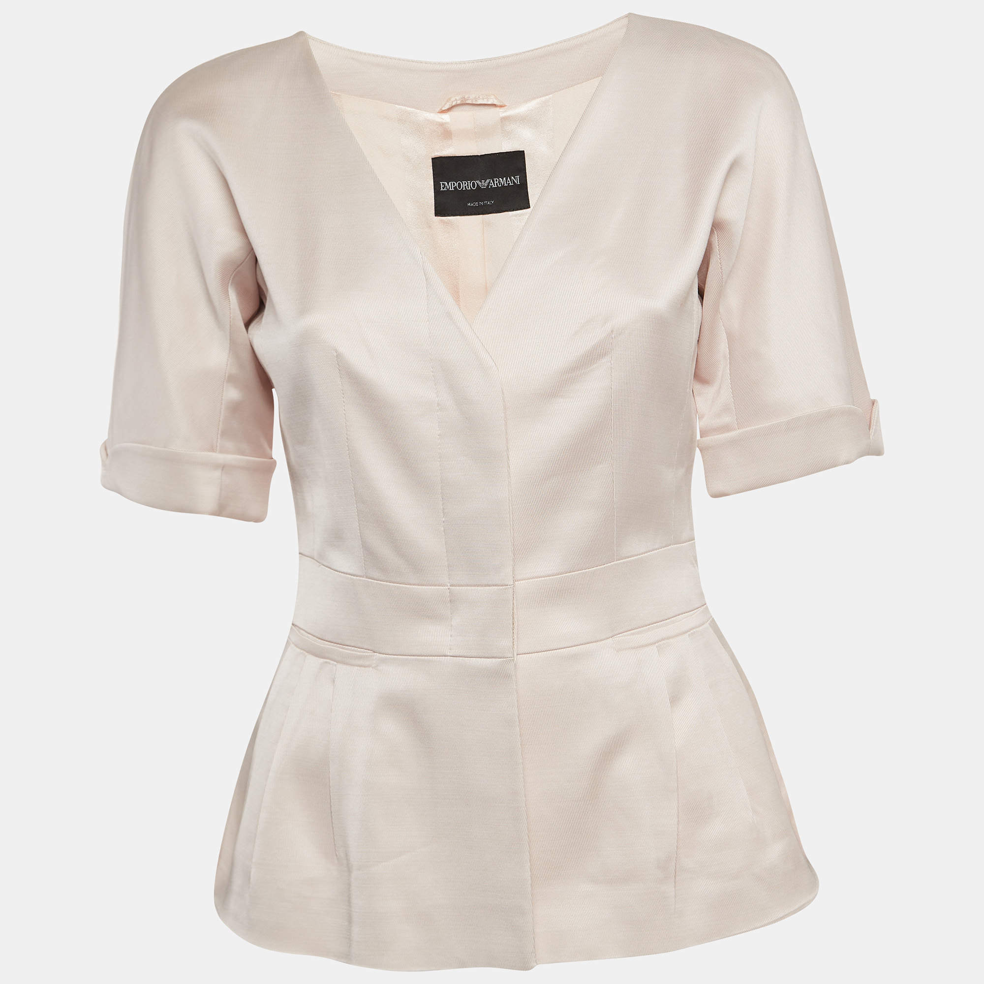 Pre Owned Emporio Armani Pink Wool Blend Buttoned Peplum Blouse S