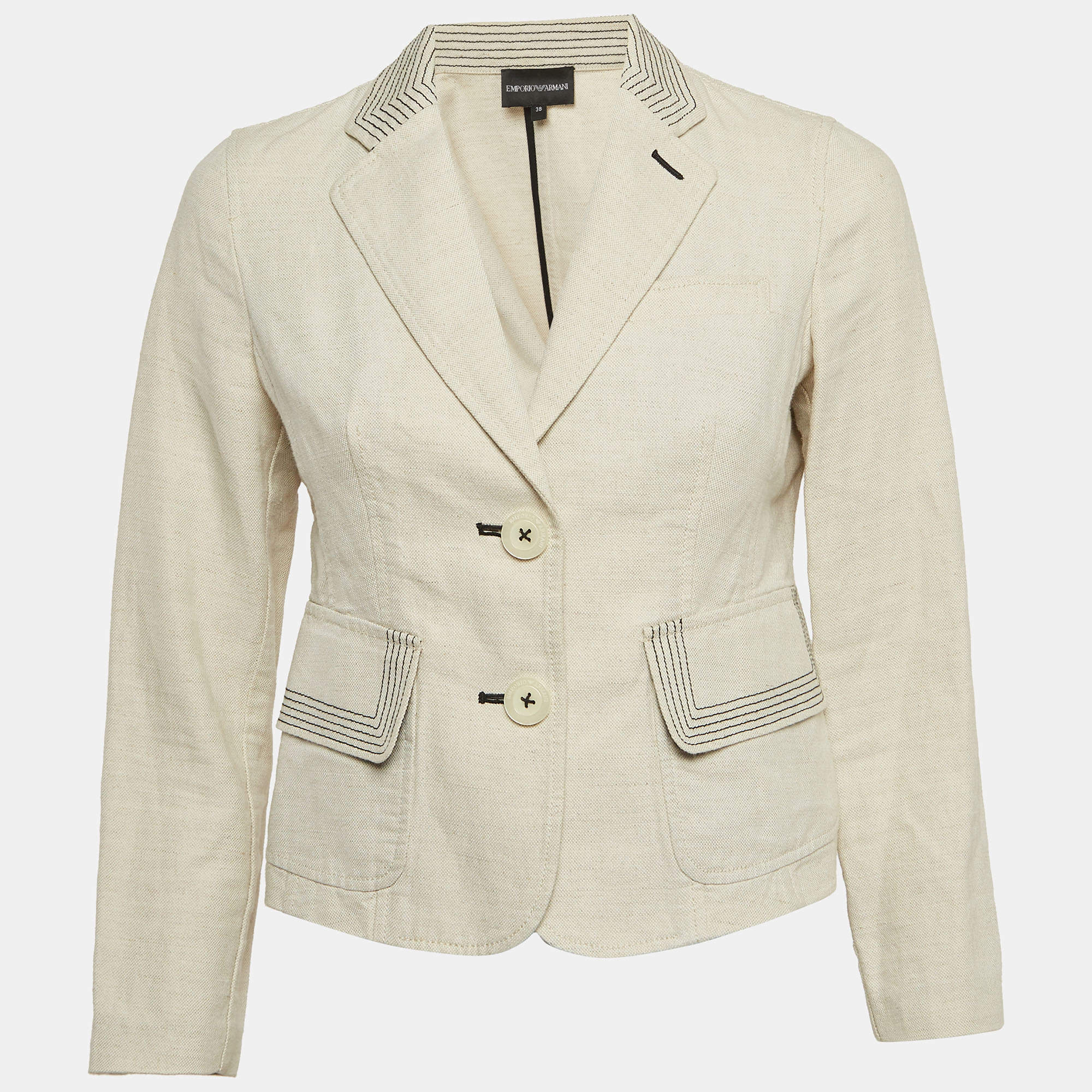 Pre Owned Emporio Armani Cream Contrast Stitch Cotton Blend Single Breasted Blazer S