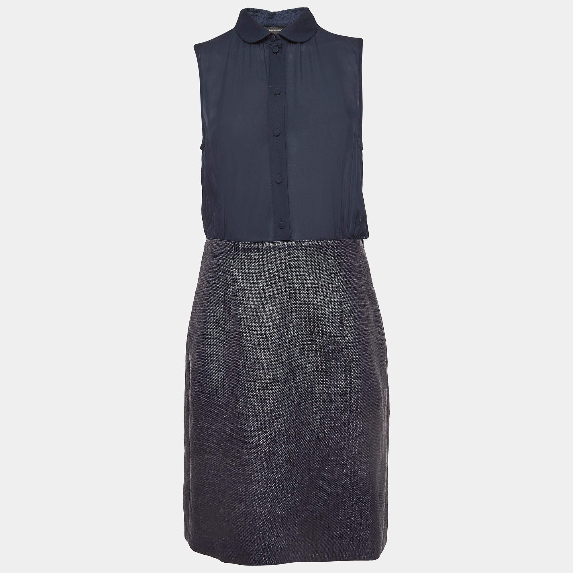 Pre Owned Emporio Armani Navy Blue Chiffon and Canvas Buttoned Sleeveless Dress M