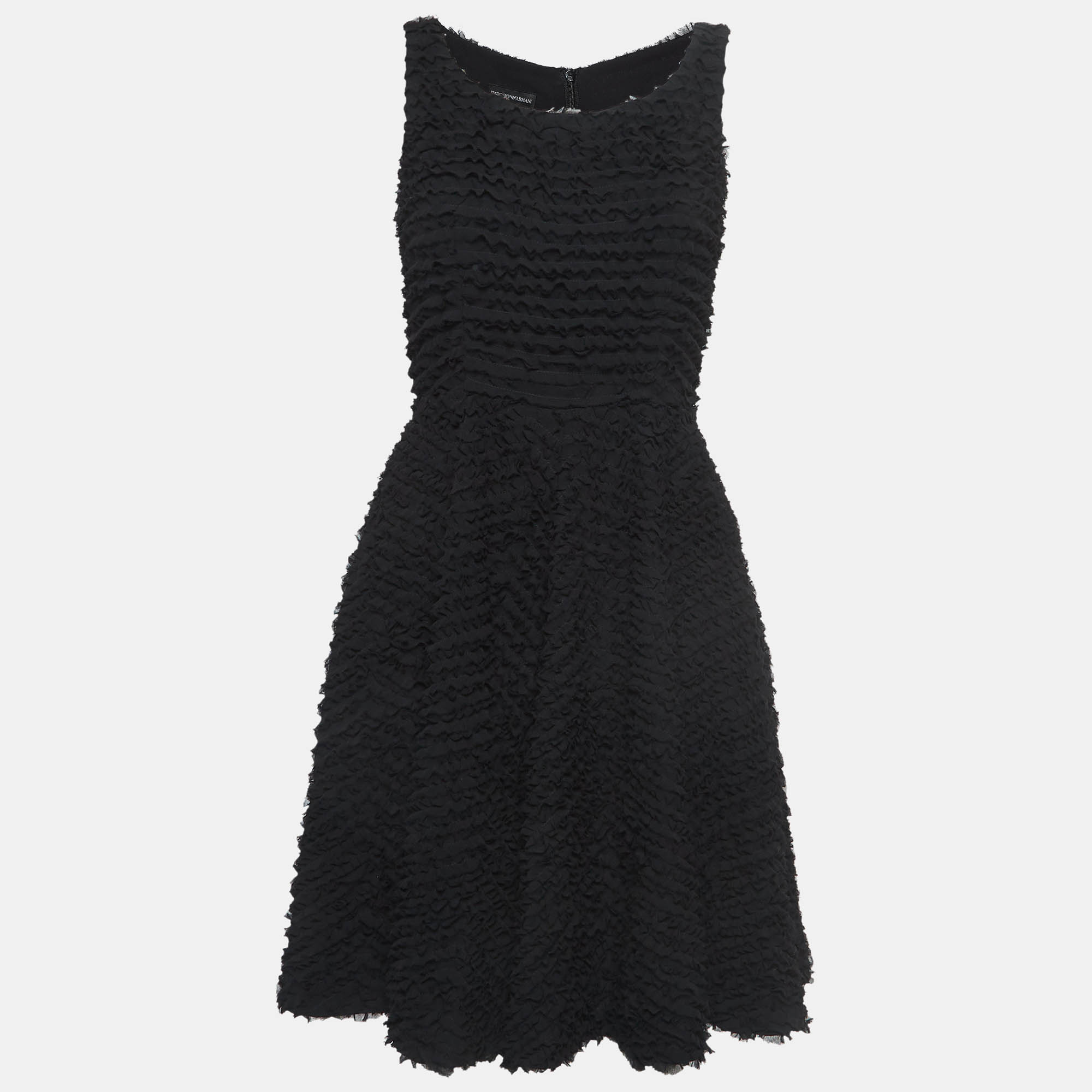 Pre Owned Emporio Armani Black Ruffle Textured Chiffon Mini Dress S