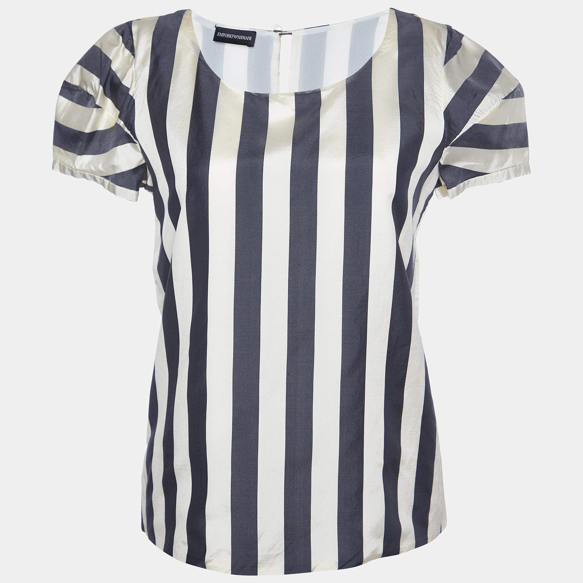 Pre Owned Emporio Armani Cream/Black Striped Silk Blend Top S