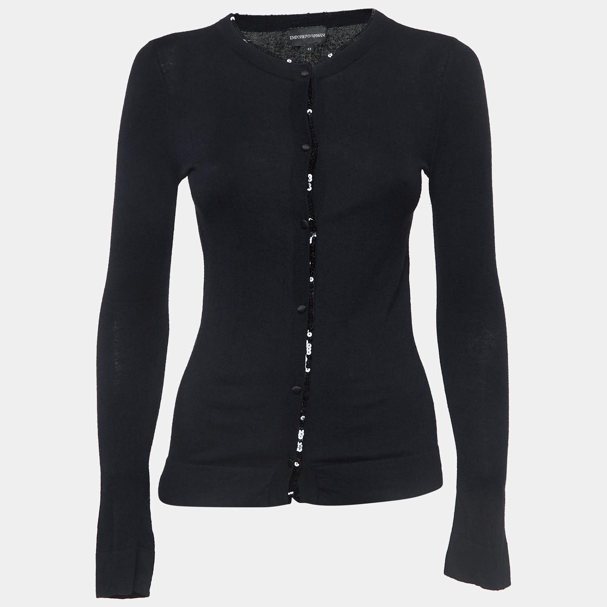 Pre Owned Emporio Armani Black Sequin Embellished Wool Cardigan M