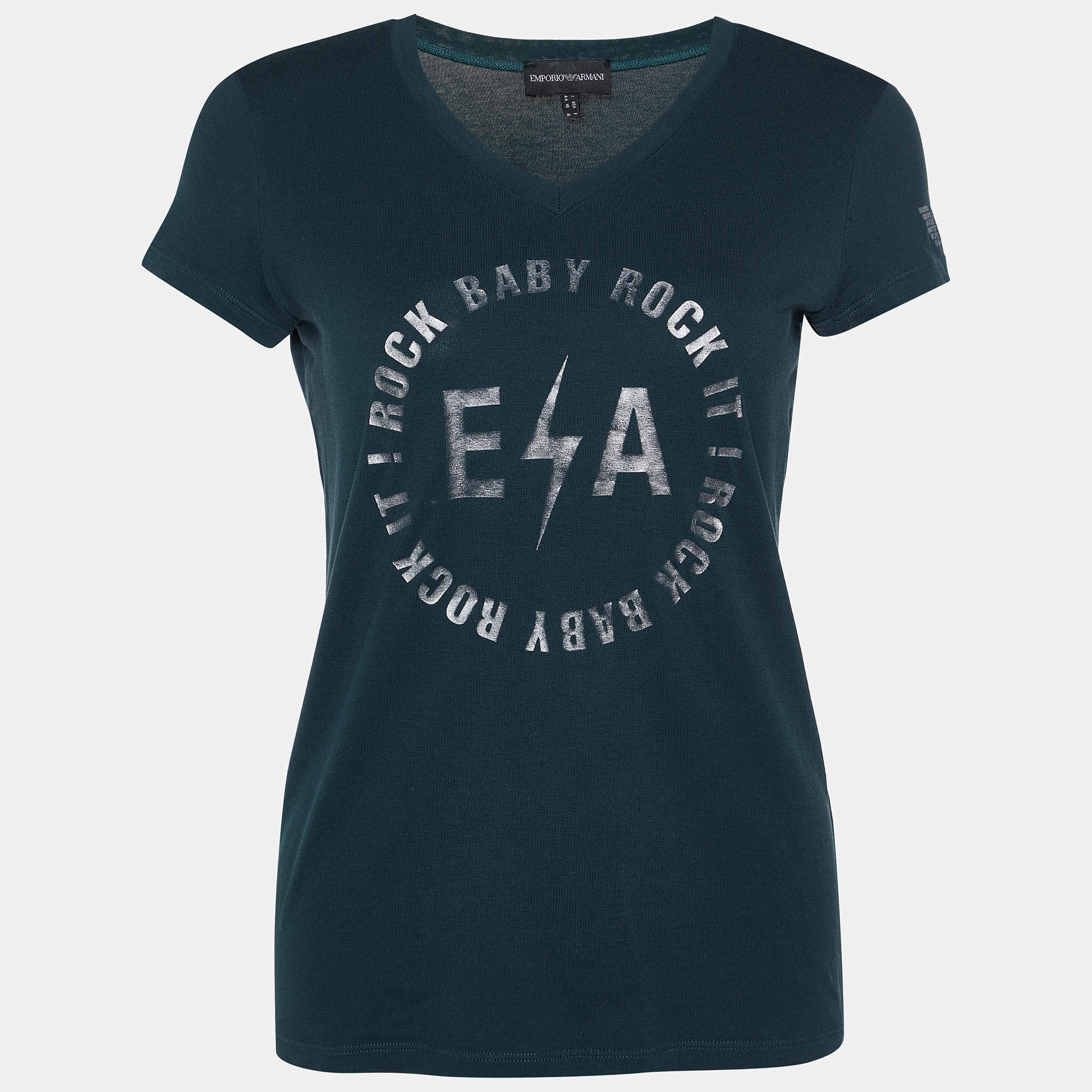 Pre Owned Emporio Armani Green Logo Print Cotton Crew Neck T-Shirt M