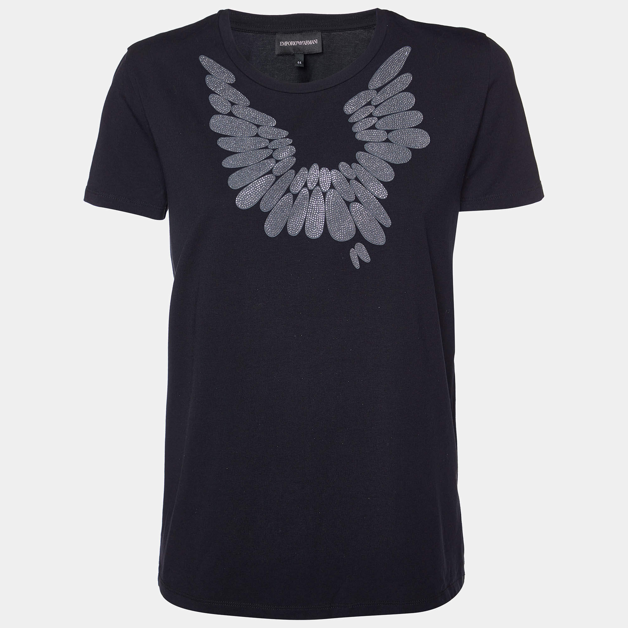 Pre Owned Emporio Armani Black Embellished Cotton Crew Neck T-Shirt M 