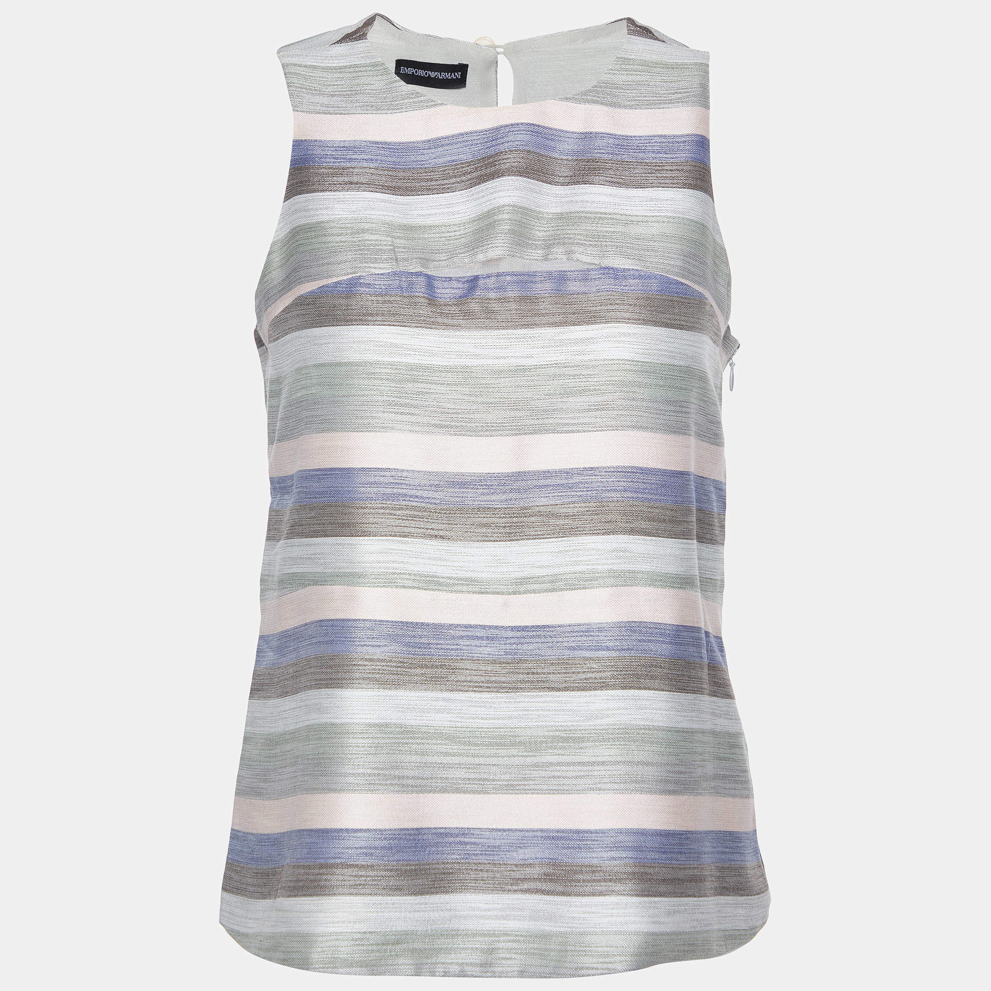 Pre Owned Emporio Armani Grey Striped Cotton & Silk Sleeveless Top S