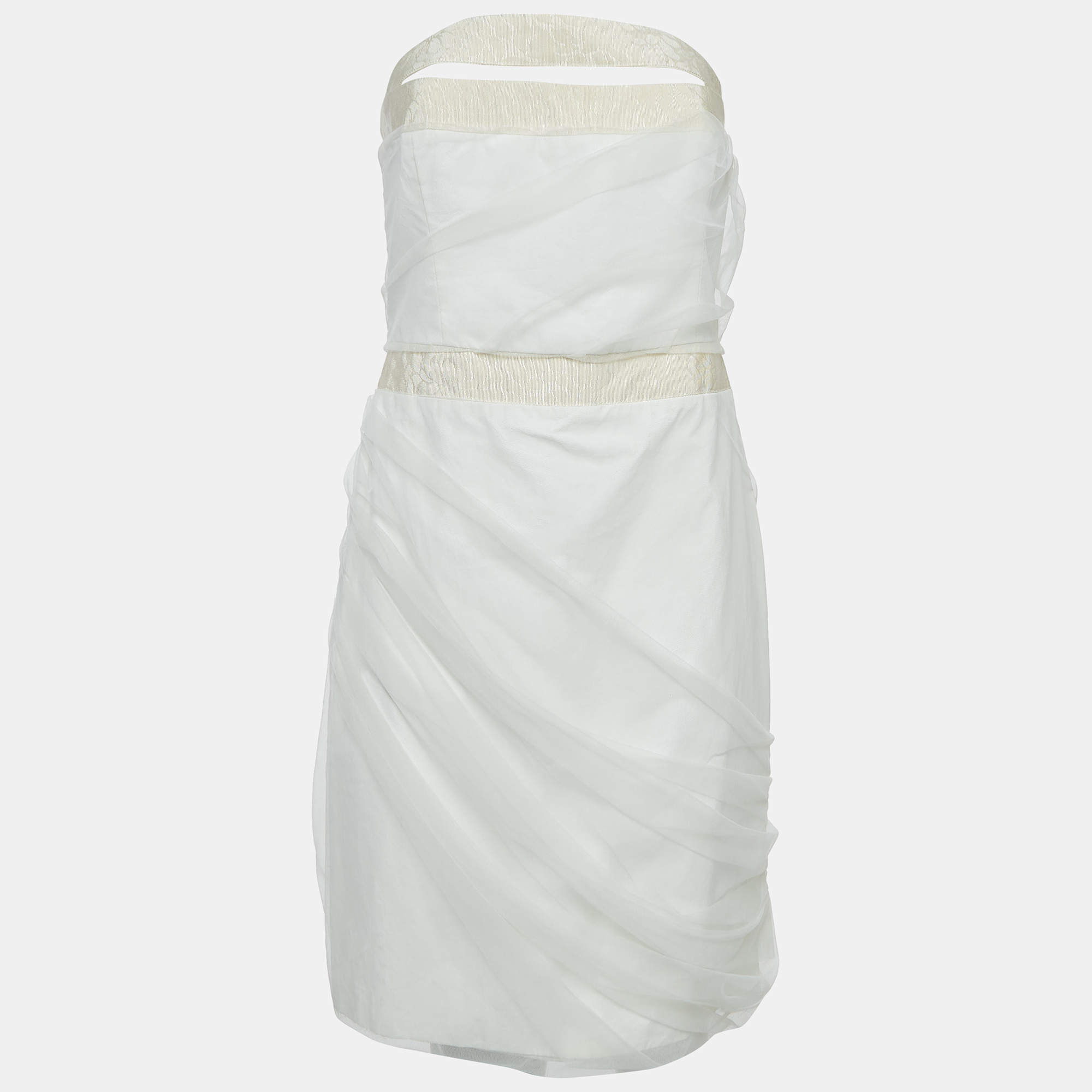 Pre Owned Emporio Armani Off White Tulle Ruched Halter Neck Mini Dress S