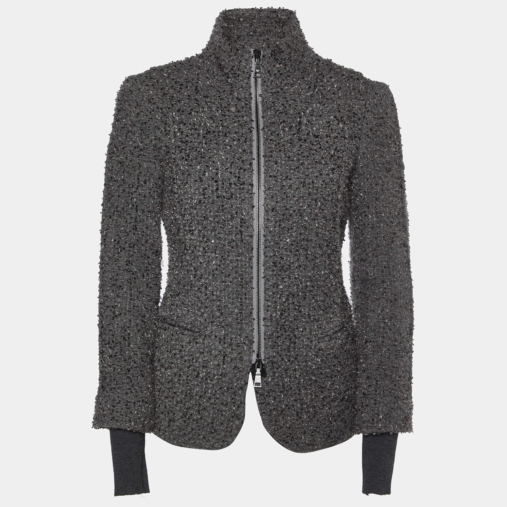 Pre Owned Emporio Armani Grey Boucle Wool Zip Up Jacket S