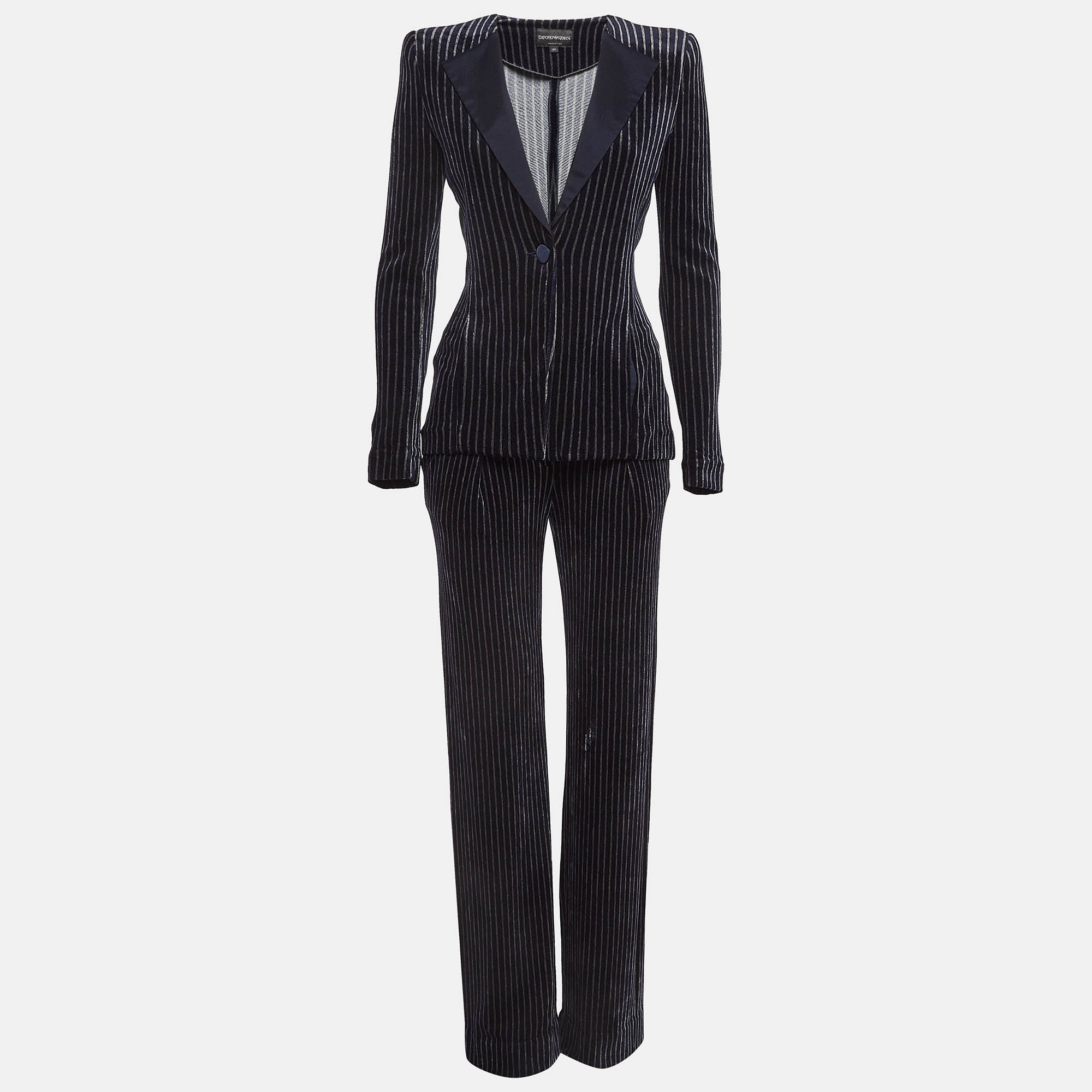 Emporio Armani Navy Blue Stripe Velvet Knit Blazer and Pants Suit M