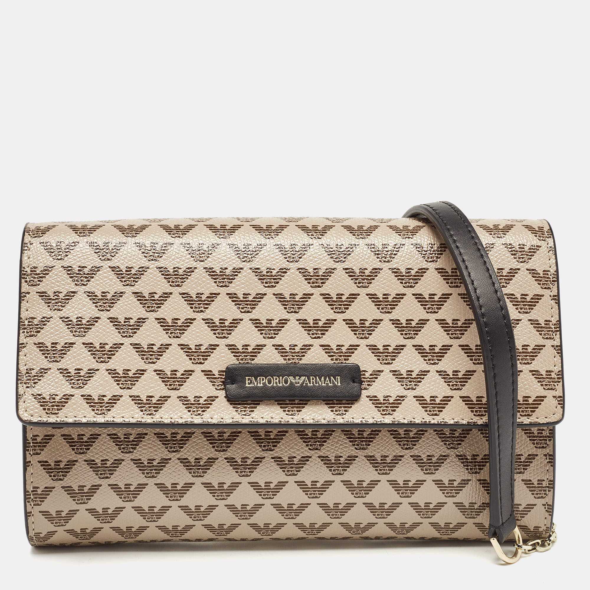 Pre Owned Emporio Armani Beige/Black Logo Print Leather Flap Chain Clutch