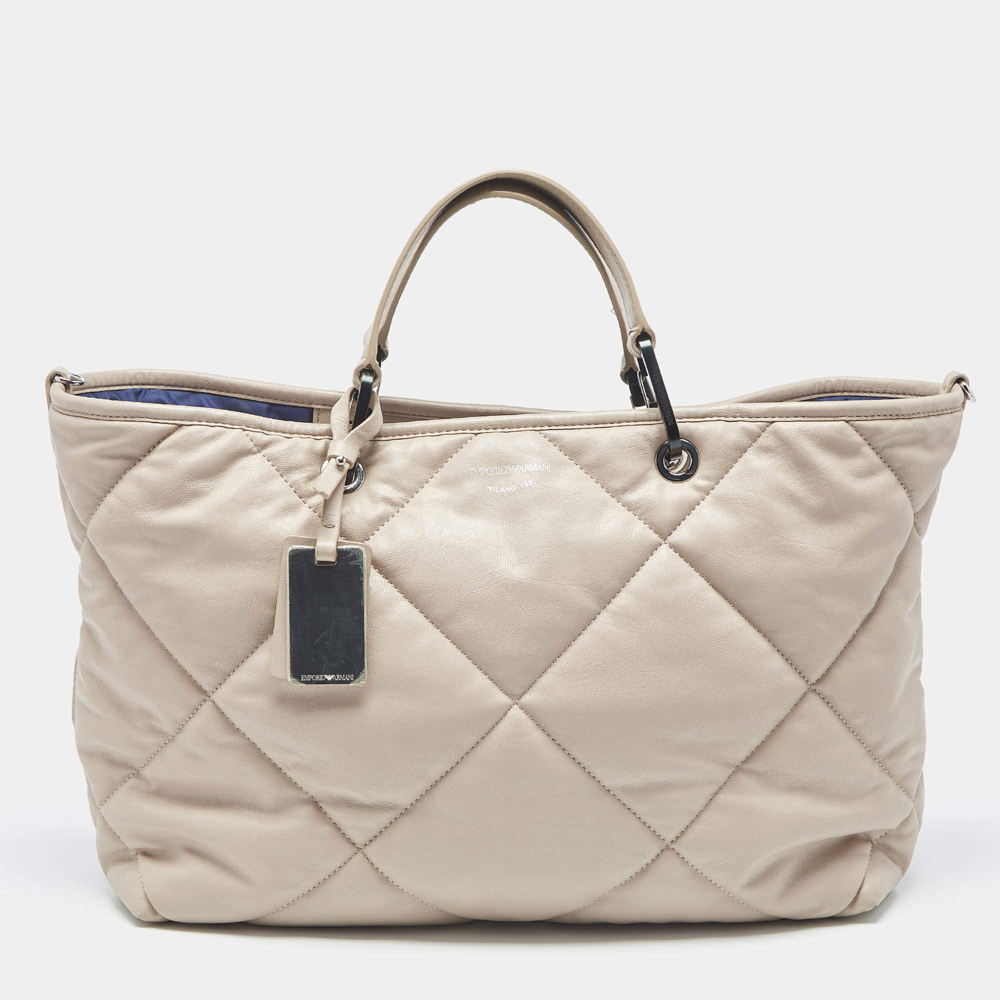 Pre Owned Emporio Armani Beige Quilted Faux Leather Medium MyEA Tote