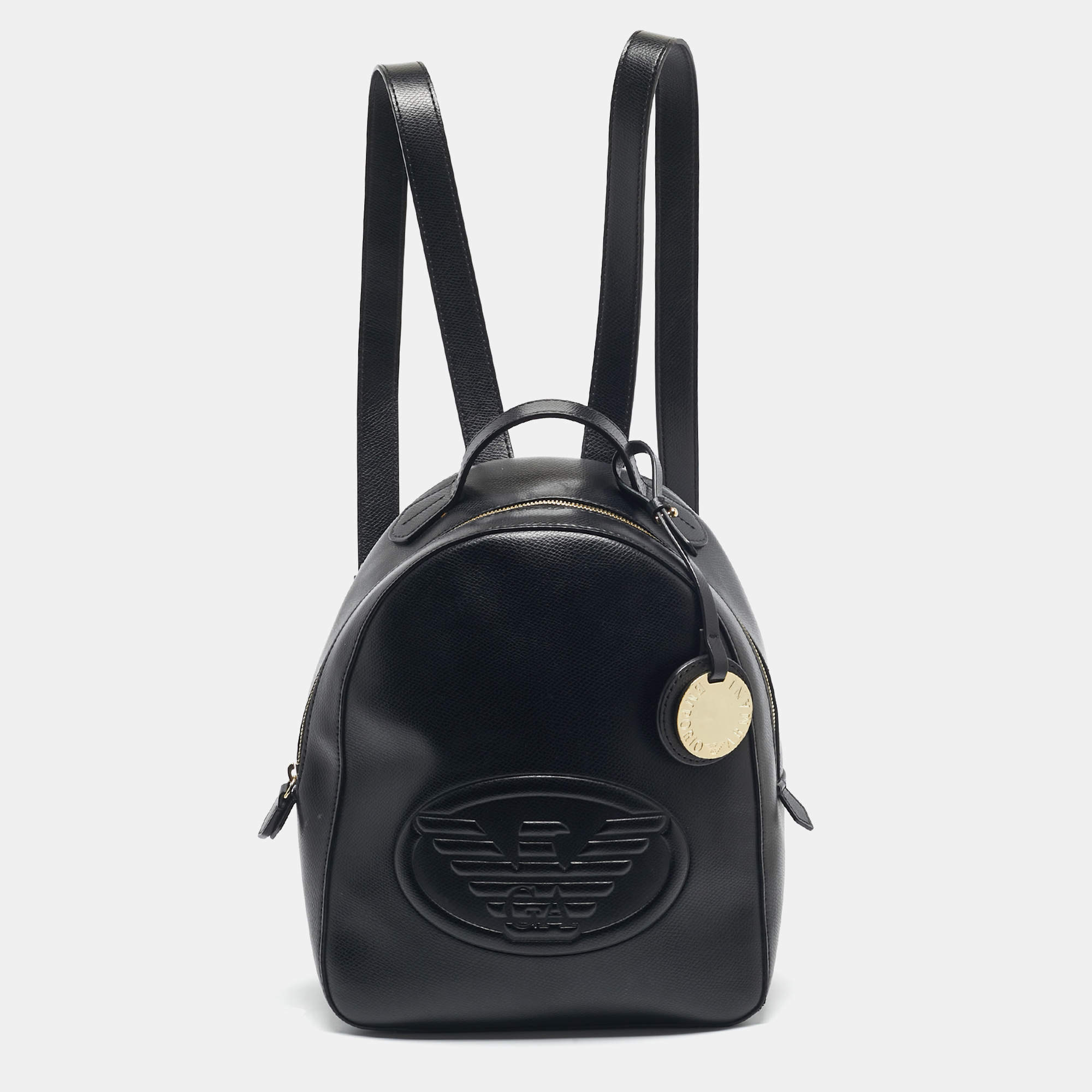 Pre Owned Emporio Armani Black Faux Leather Small Logo Backpack