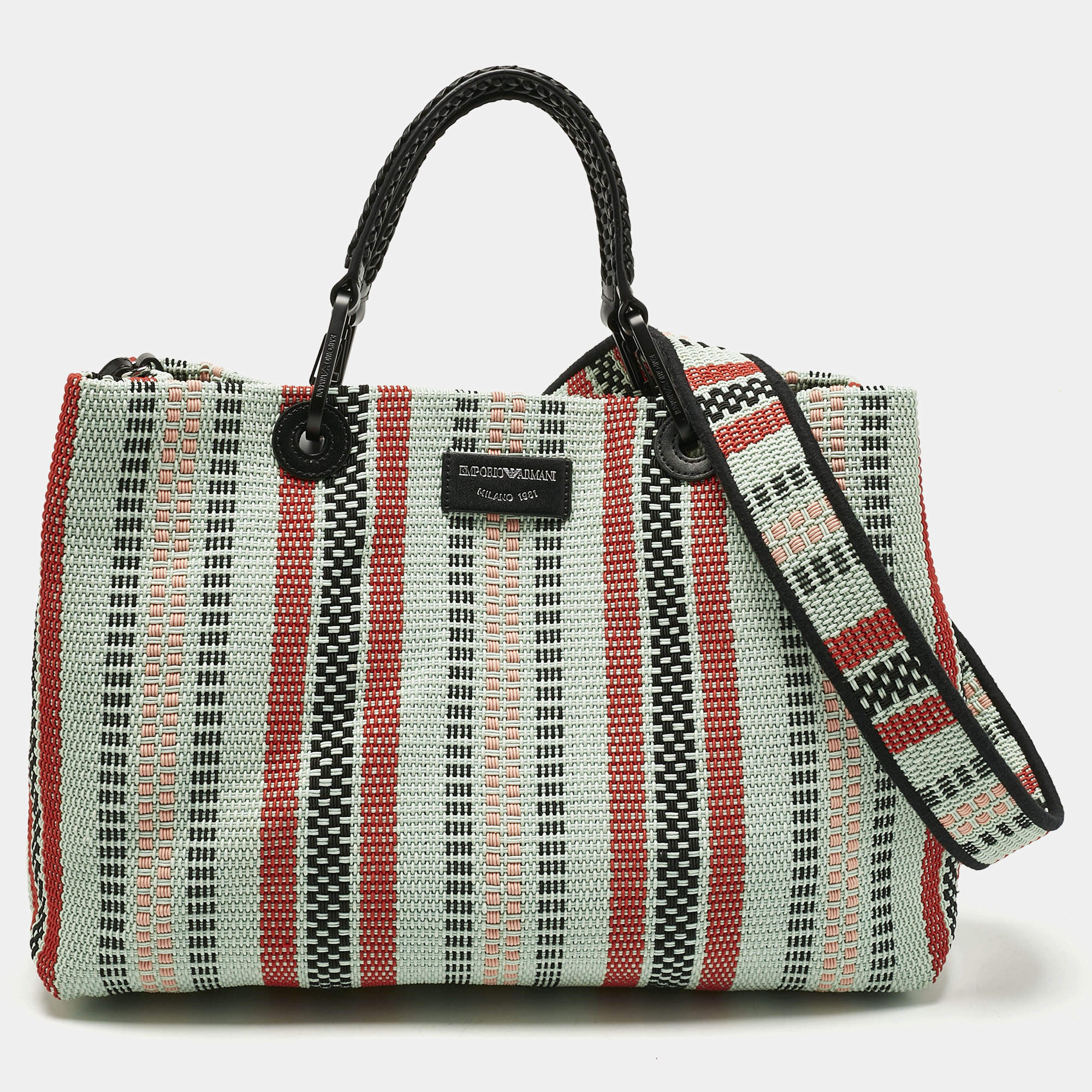 Pre Owned Emporio Armani Multicolor Fabric and Leather MyEA Basketweave Tote
