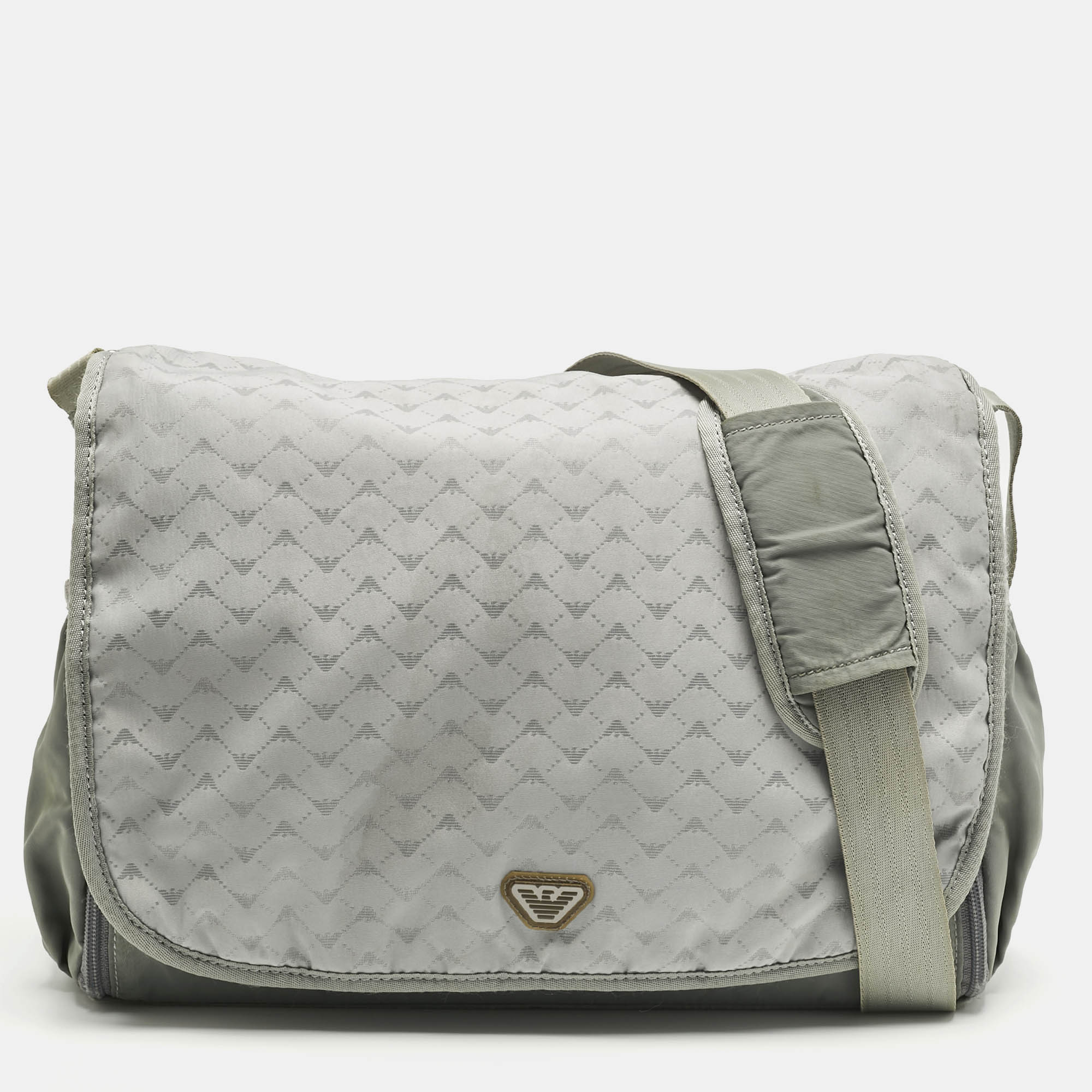 Pre Owned Emporio Armani Grey Logo Jacquard Nylon Baby Changing Bag