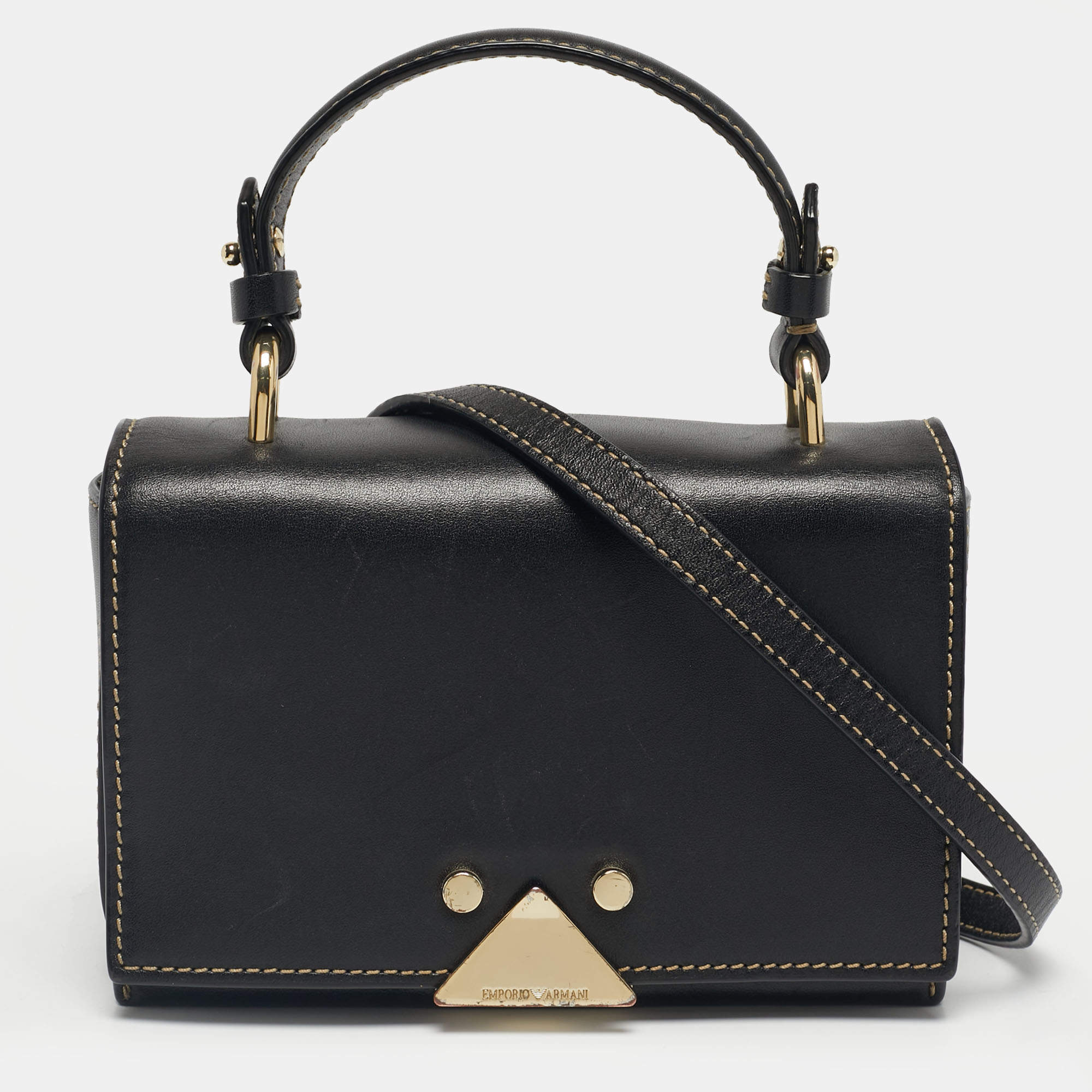 Pre Owned Emporio Armani Black Leather Flap Top Handle Bag