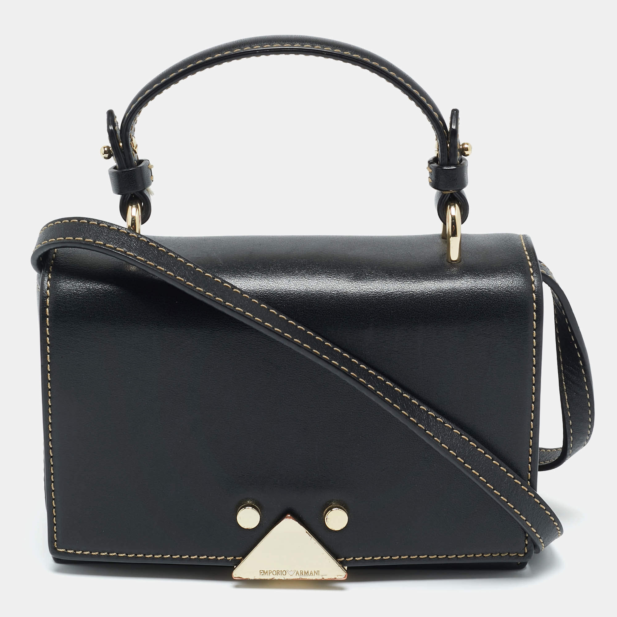 Pre Owned Emporio Armani Black Leather Stud Flap Top Handle Bag