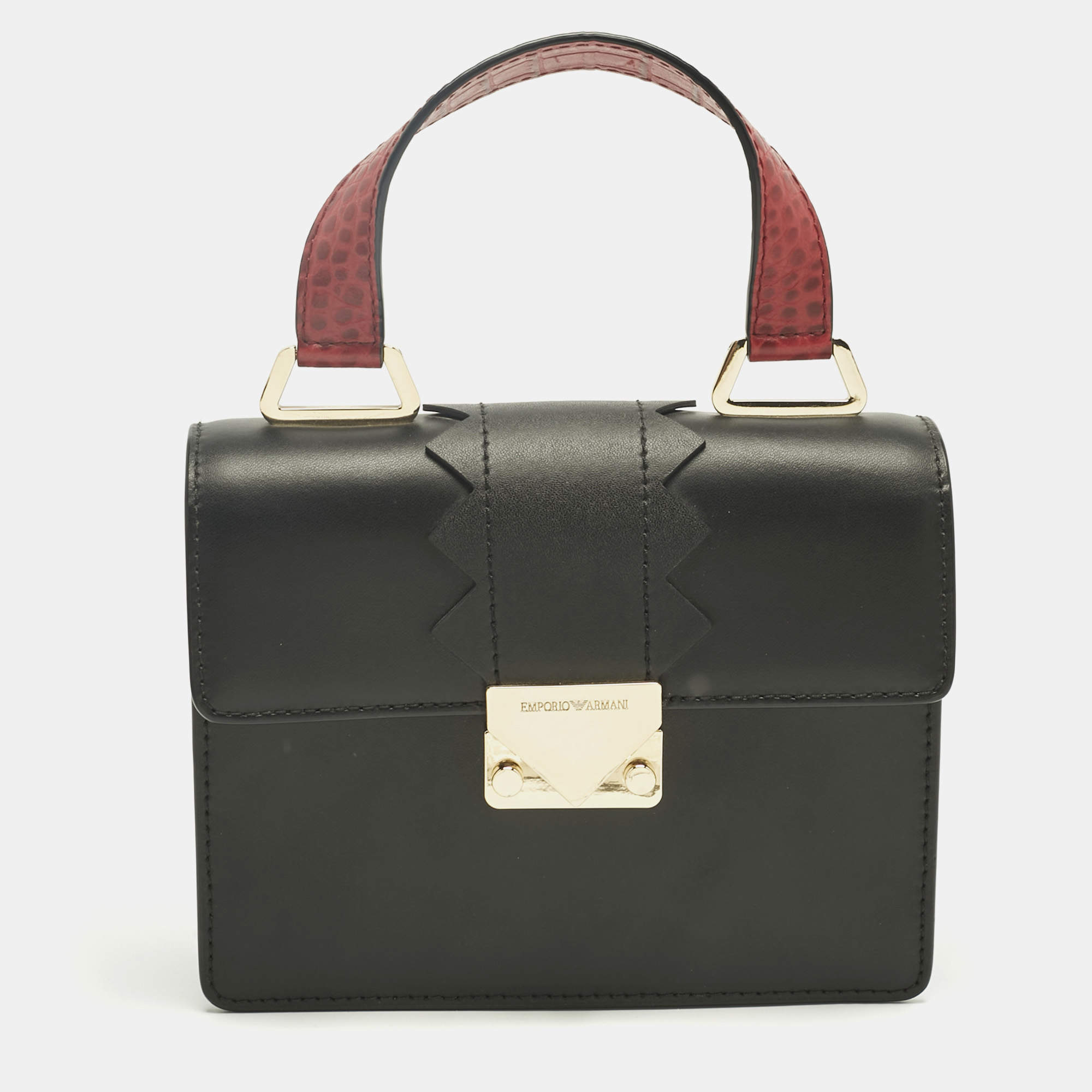 Pre Owned Emporio Armani Black/Red Faux Leather Flap Top Handle Bag